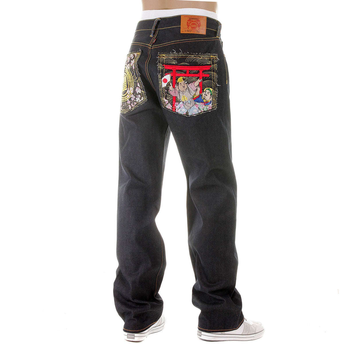 RMC MARTIN KSOHOH VINTAGE CUT HOUSE SELVEDGE DARK INDIGO RAW DENIM JEANS WITH HARVEST BUDDHA EMBROIDERY REDM2893