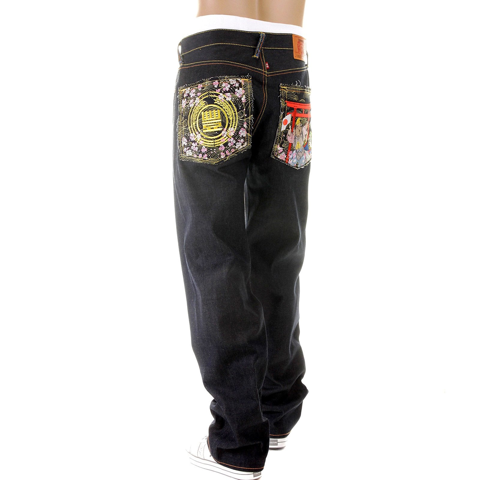 RMC MARTIN KSOHOH VINTAGE CUT HOUSE SELVEDGE DARK INDIGO RAW DENIM JEANS WITH HARVEST BUDDHA EMBROIDERY REDM2893