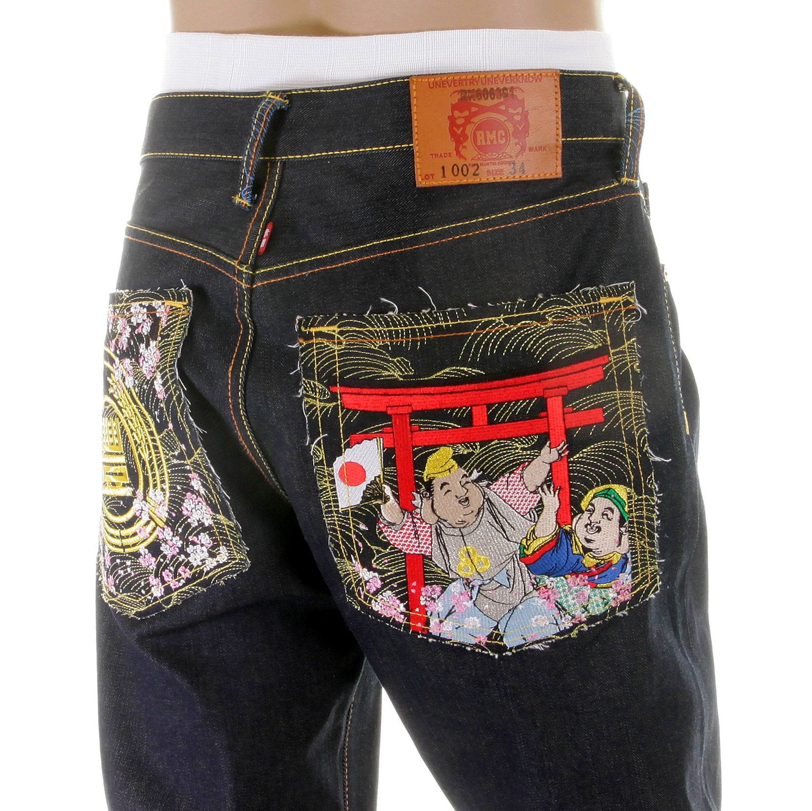 RMC MARTIN KSOHOH VINTAGE CUT HOUSE SELVEDGE DARK INDIGO RAW DENIM JEANS WITH HARVEST BUDDHA EMBROIDERY REDM2893