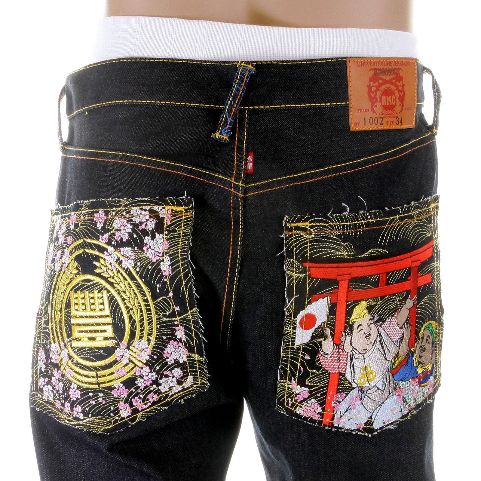 RMC MARTIN KSOHOH VINTAGE CUT HOUSE SELVEDGE DARK INDIGO RAW DENIM JEANS WITH HARVEST BUDDHA EMBROIDERY REDM2893