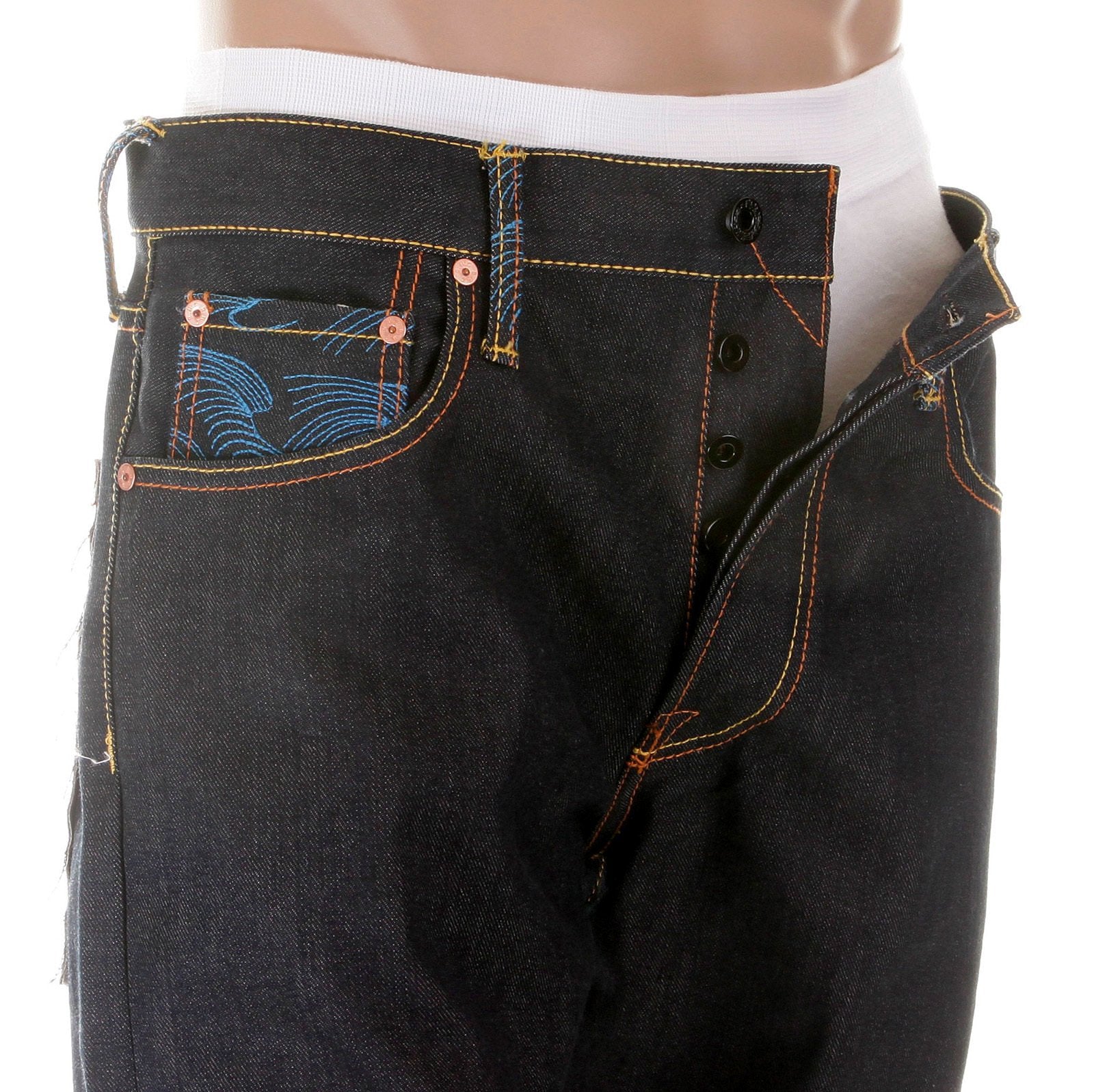 RMC MARTIN KSOHOH VINTAGE CUT HOUSE SELVEDGE DARK INDIGO RAW DENIM JEANS WITH HARVEST BUDDHA EMBROIDERY REDM2893