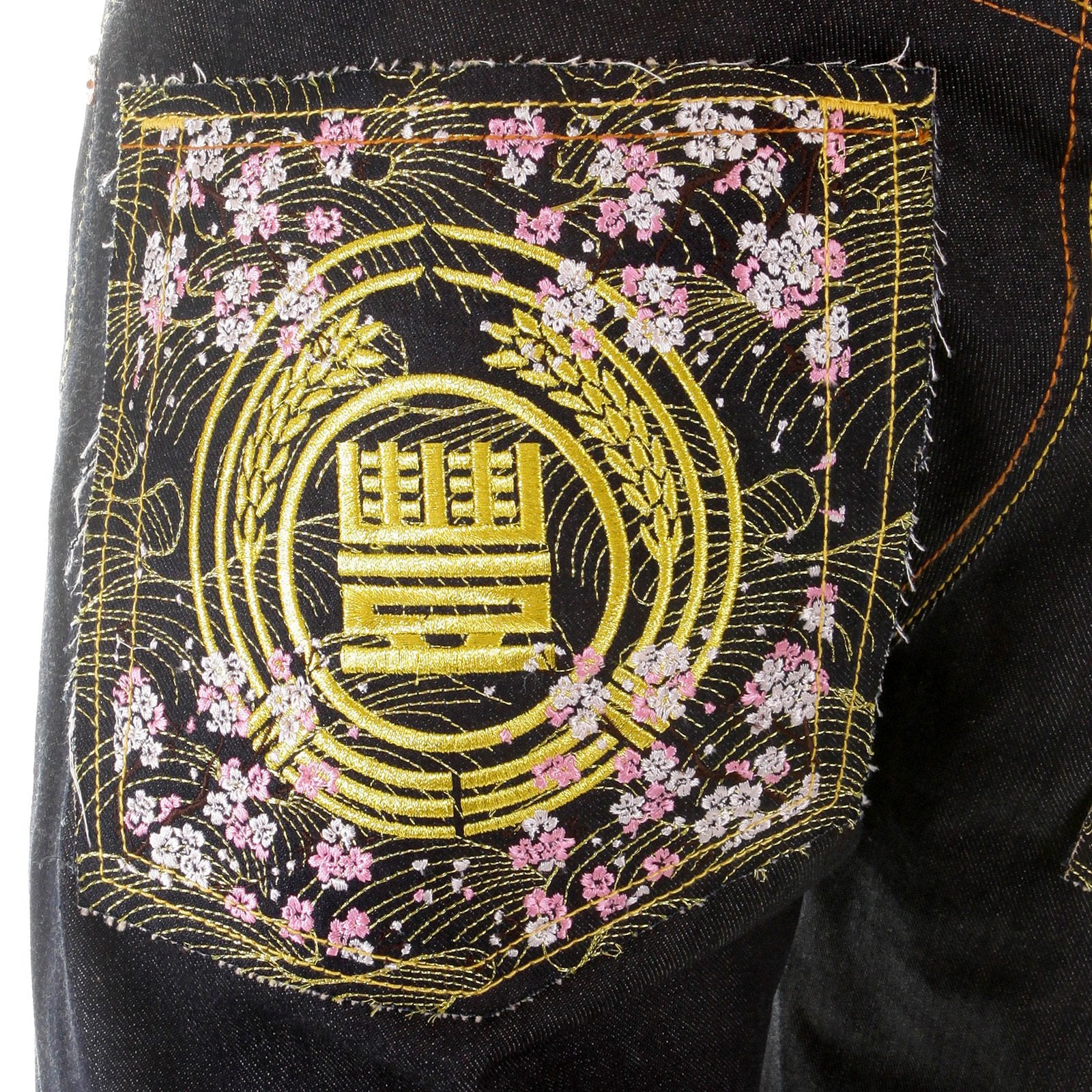 RMC MARTIN KSOHOH VINTAGE CUT HOUSE SELVEDGE DARK INDIGO RAW DENIM JEANS WITH HARVEST BUDDHA EMBROIDERY REDM2893