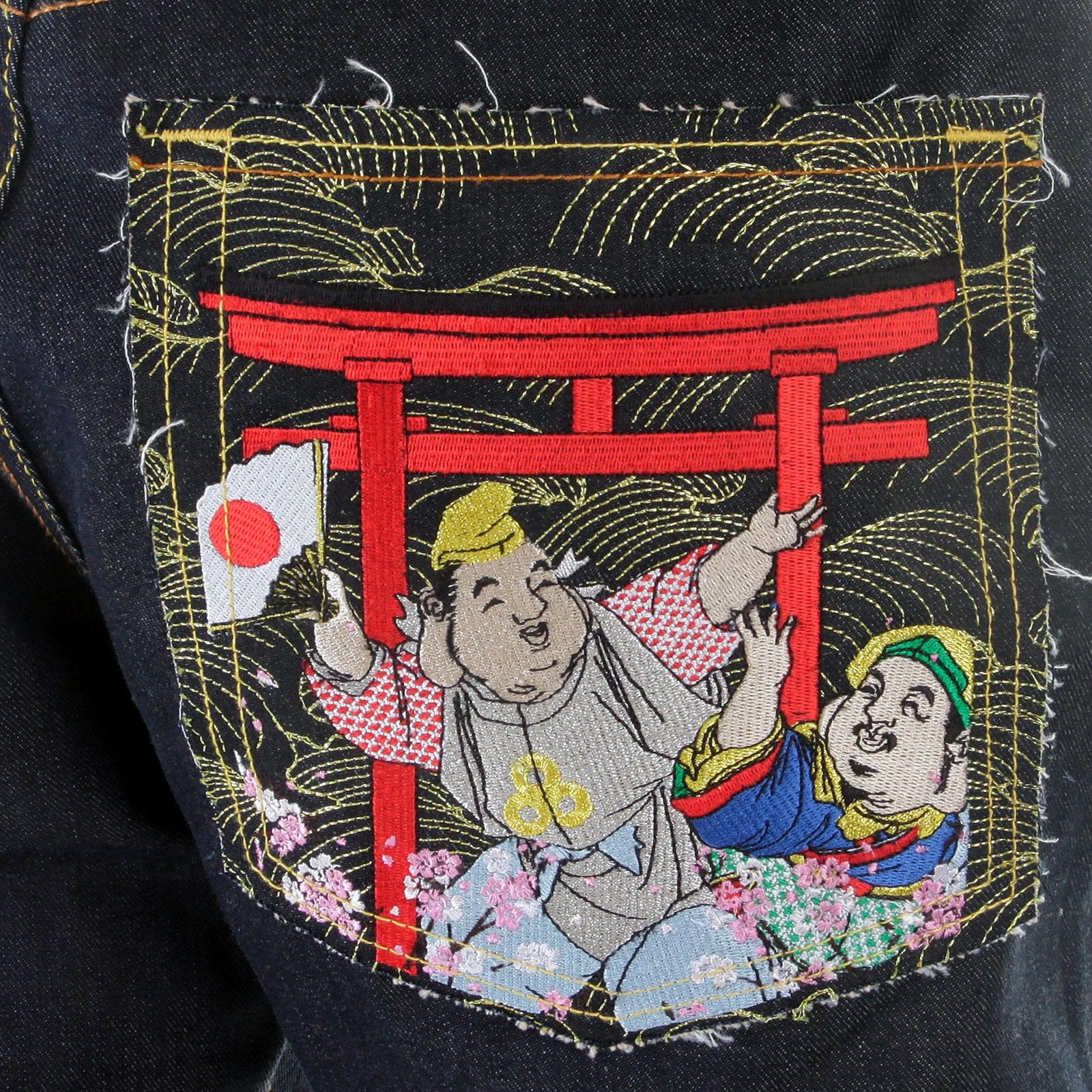 RMC MARTIN KSOHOH VINTAGE CUT HOUSE SELVEDGE DARK INDIGO RAW DENIM JEANS WITH HARVEST BUDDHA EMBROIDERY REDM2893