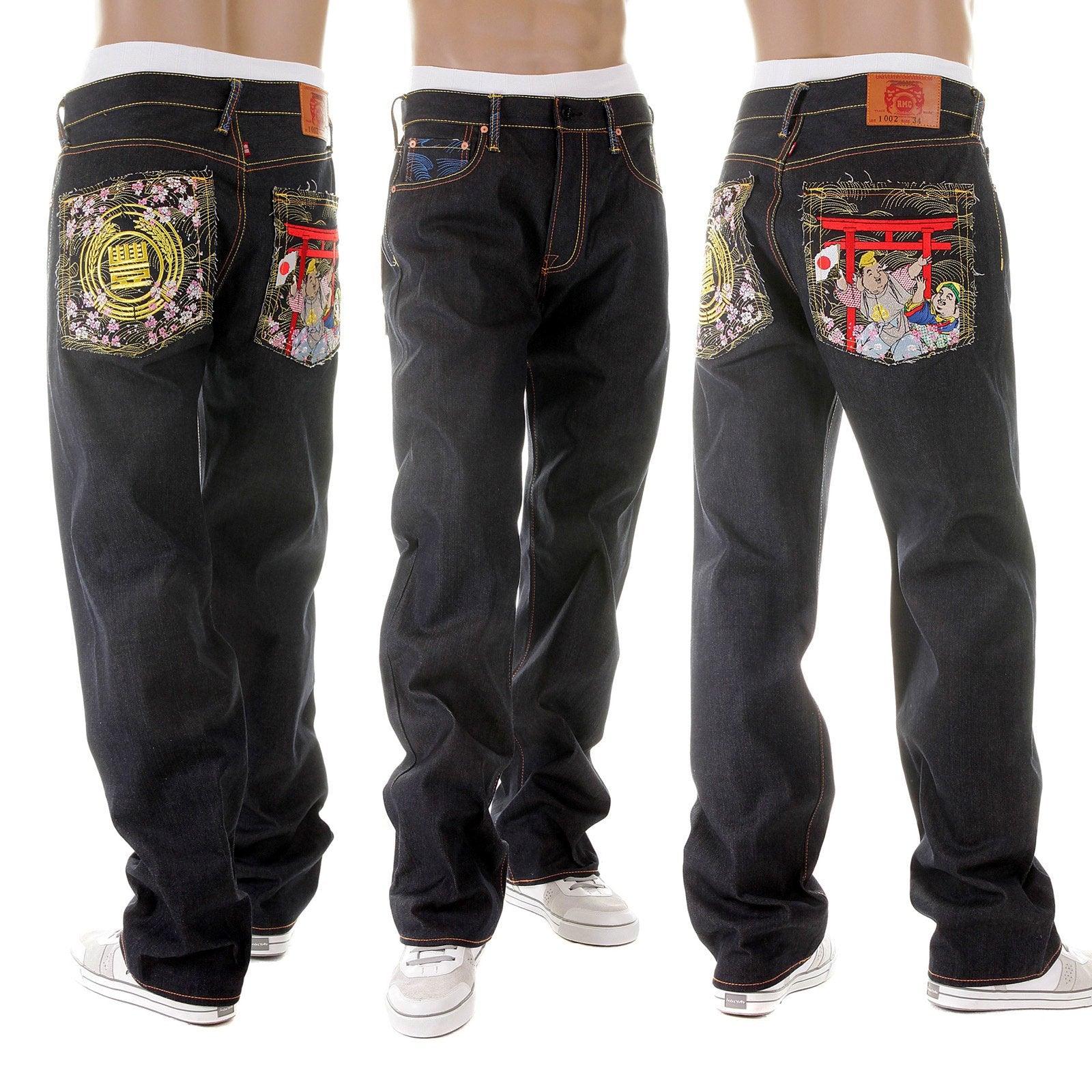RMC MARTIN KSOHOH VINTAGE CUT HOUSE SELVEDGE DARK INDIGO RAW DENIM JEANS WITH HARVEST BUDDHA EMBROIDERY REDM2893