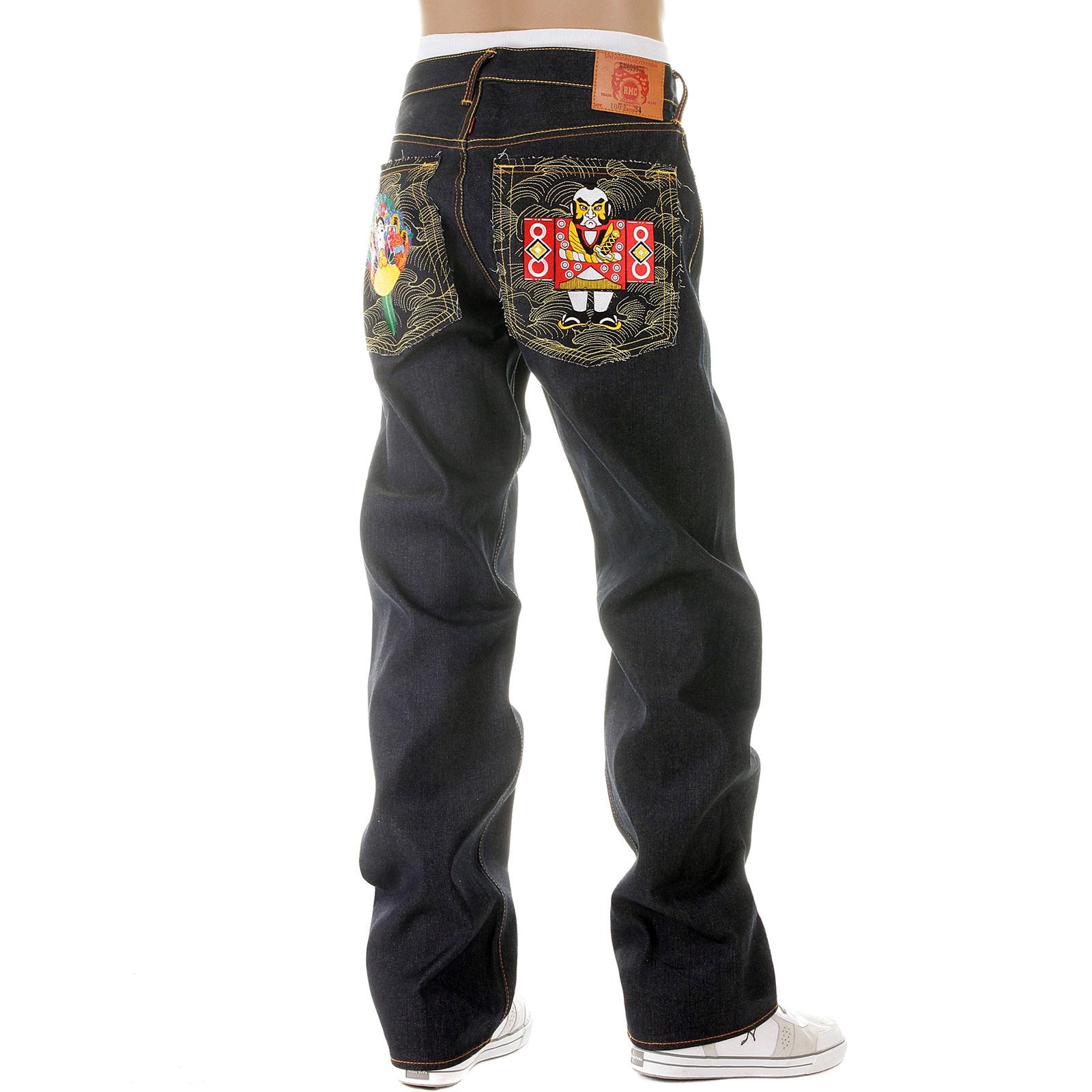 RMC MARTIN KSOHOH SUPER EXCLUSIVE SELVEDGE DARK INDIGO RAW DENIM JEANS WITH JAPANESE DOLLS EMBROIDERY REDM2892