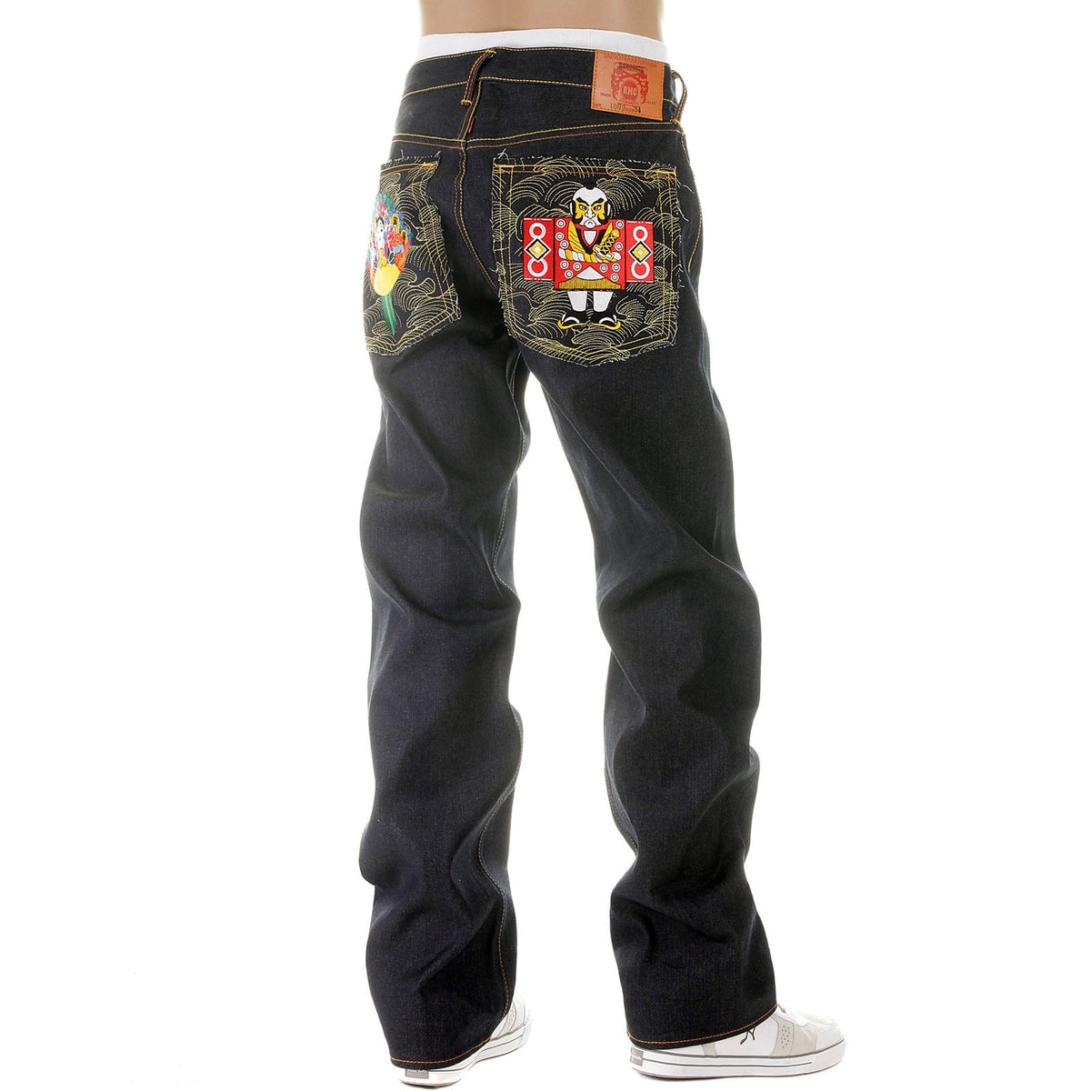 RMC MARTIN KSOHOH SUPER EXCLUSIVE SELVEDGE DARK INDIGO RAW DENIM JEANS WITH JAPANESE DOLLS EMBROIDERY REDM2892
