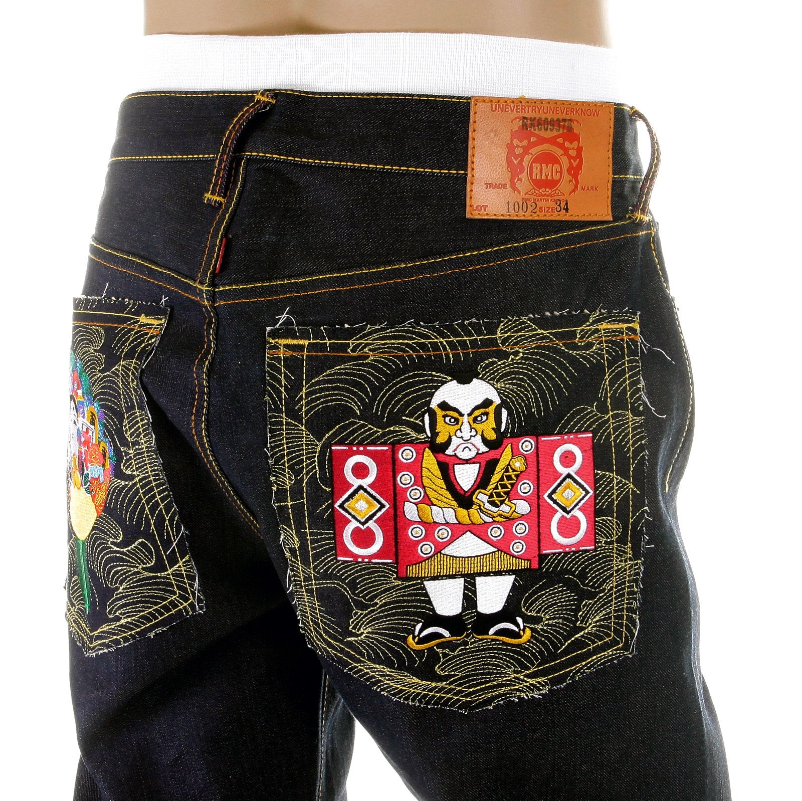 RMC MARTIN KSOHOH SUPER EXCLUSIVE SELVEDGE DARK INDIGO RAW DENIM JEANS WITH JAPANESE DOLLS EMBROIDERY REDM2892