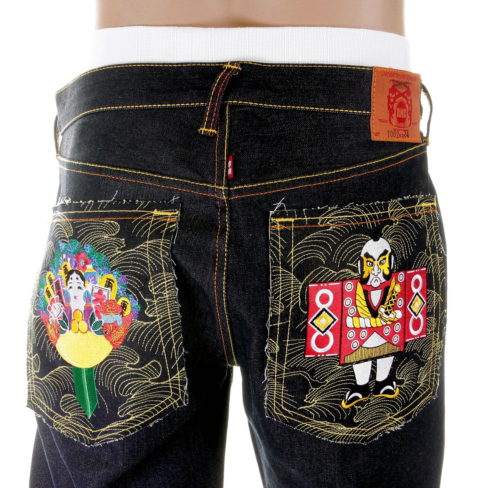RMC MARTIN KSOHOH SUPER EXCLUSIVE SELVEDGE DARK INDIGO RAW DENIM JEANS WITH JAPANESE DOLLS EMBROIDERY REDM2892