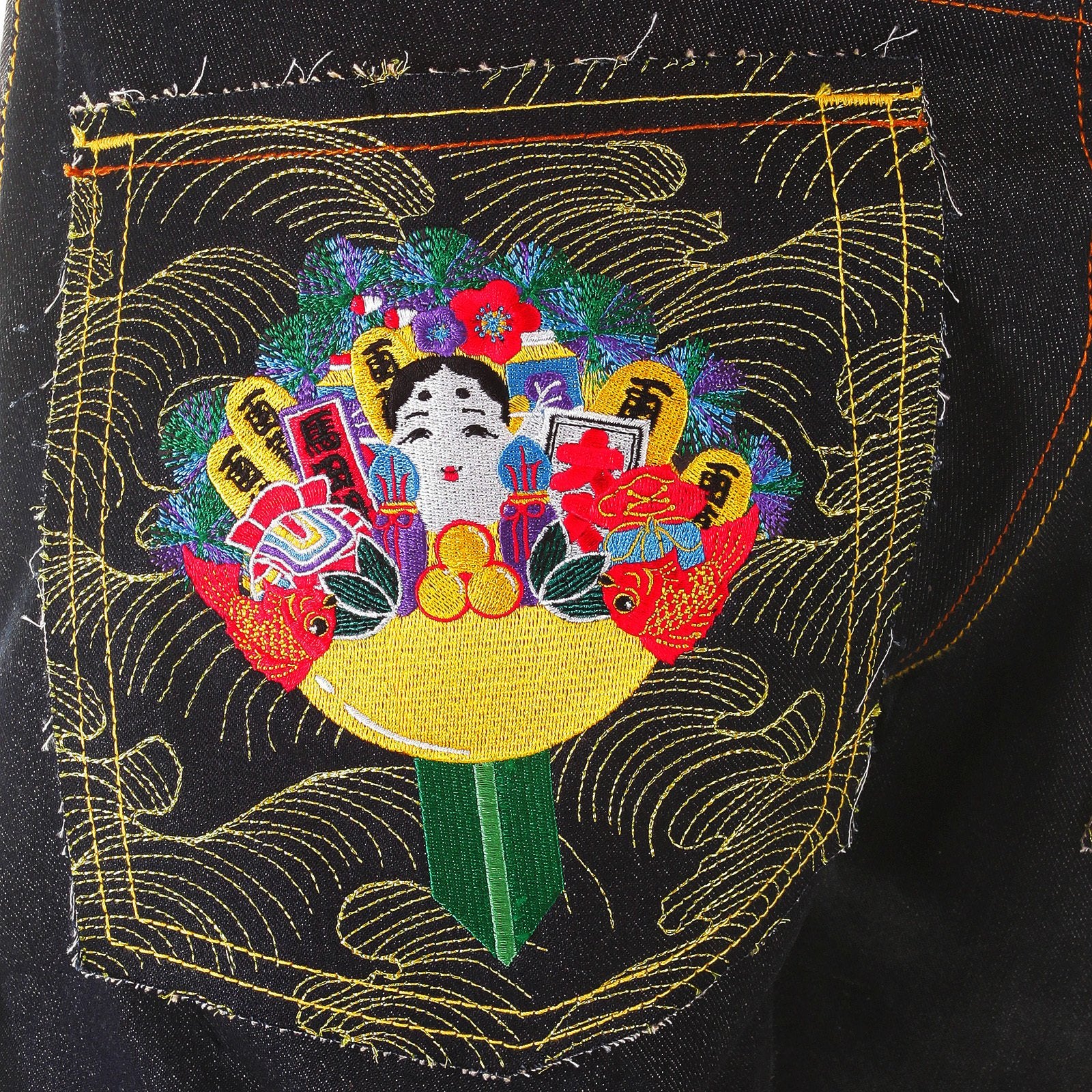RMC MARTIN KSOHOH SUPER EXCLUSIVE SELVEDGE DARK INDIGO RAW DENIM JEANS WITH JAPANESE DOLLS EMBROIDERY REDM2892
