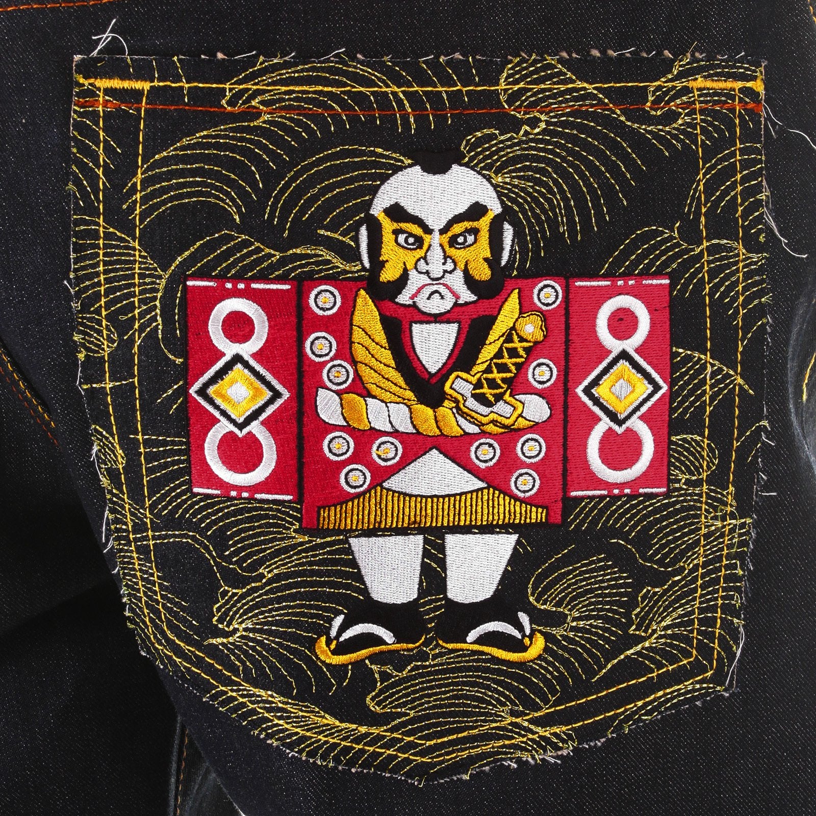 RMC MARTIN KSOHOH SUPER EXCLUSIVE SELVEDGE DARK INDIGO RAW DENIM JEANS WITH JAPANESE DOLLS EMBROIDERY REDM2892