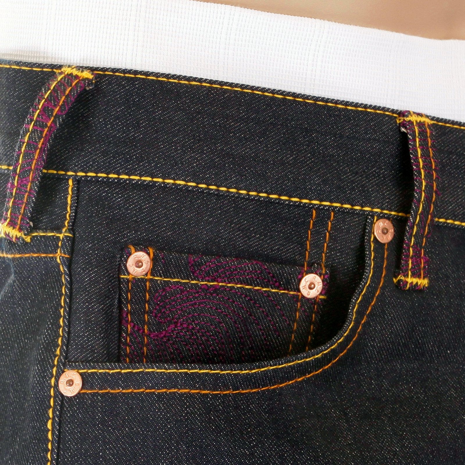 RMC MARTIN KSOHOH SUPER EXCLUSIVE SELVEDGE DARK INDIGO RAW DENIM JEANS WITH JAPANESE DOLLS EMBROIDERY REDM2892
