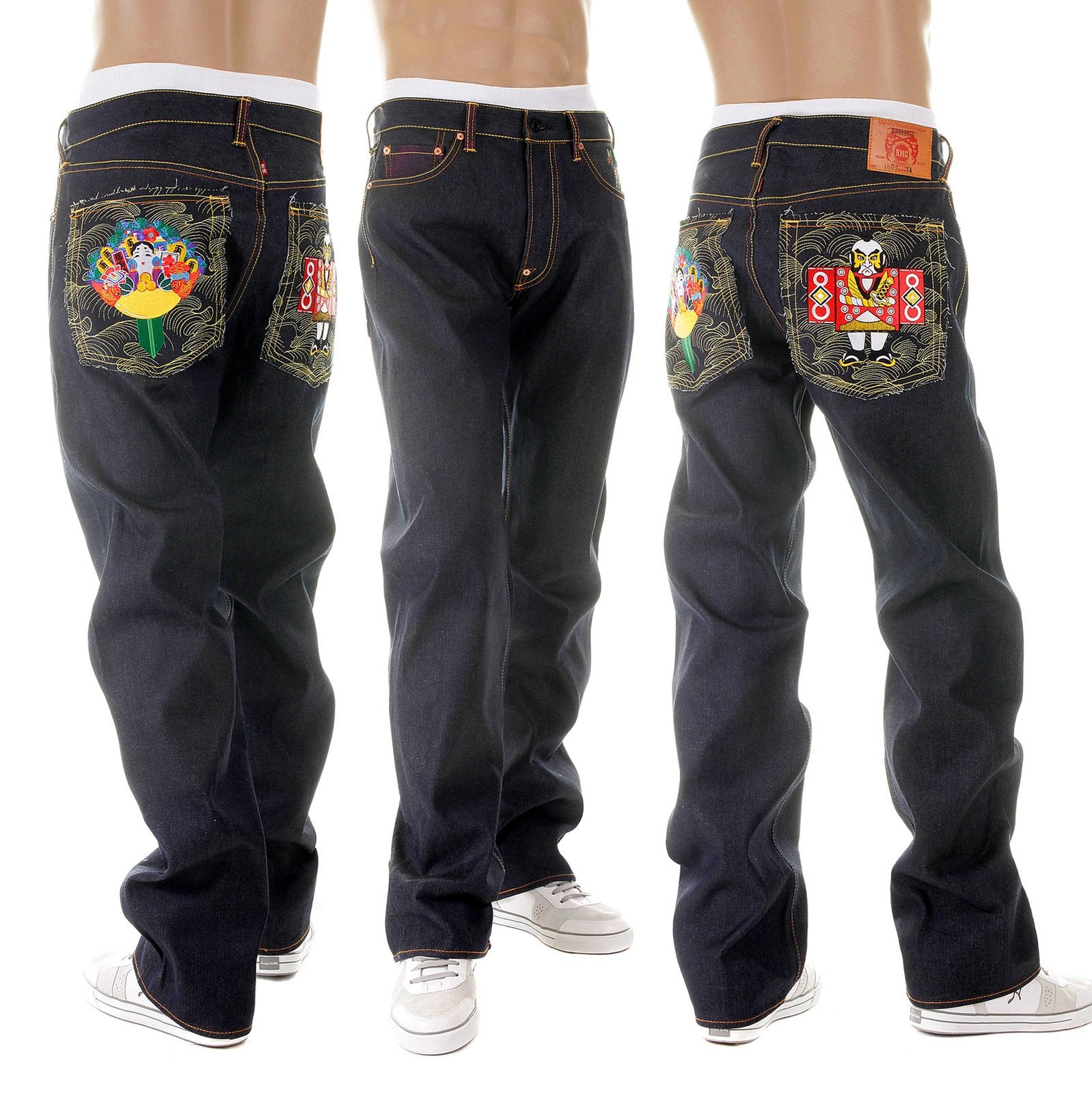 RMC MARTIN KSOHOH SUPER EXCLUSIVE SELVEDGE DARK INDIGO RAW DENIM JEANS WITH JAPANESE DOLLS EMBROIDERY REDM2892