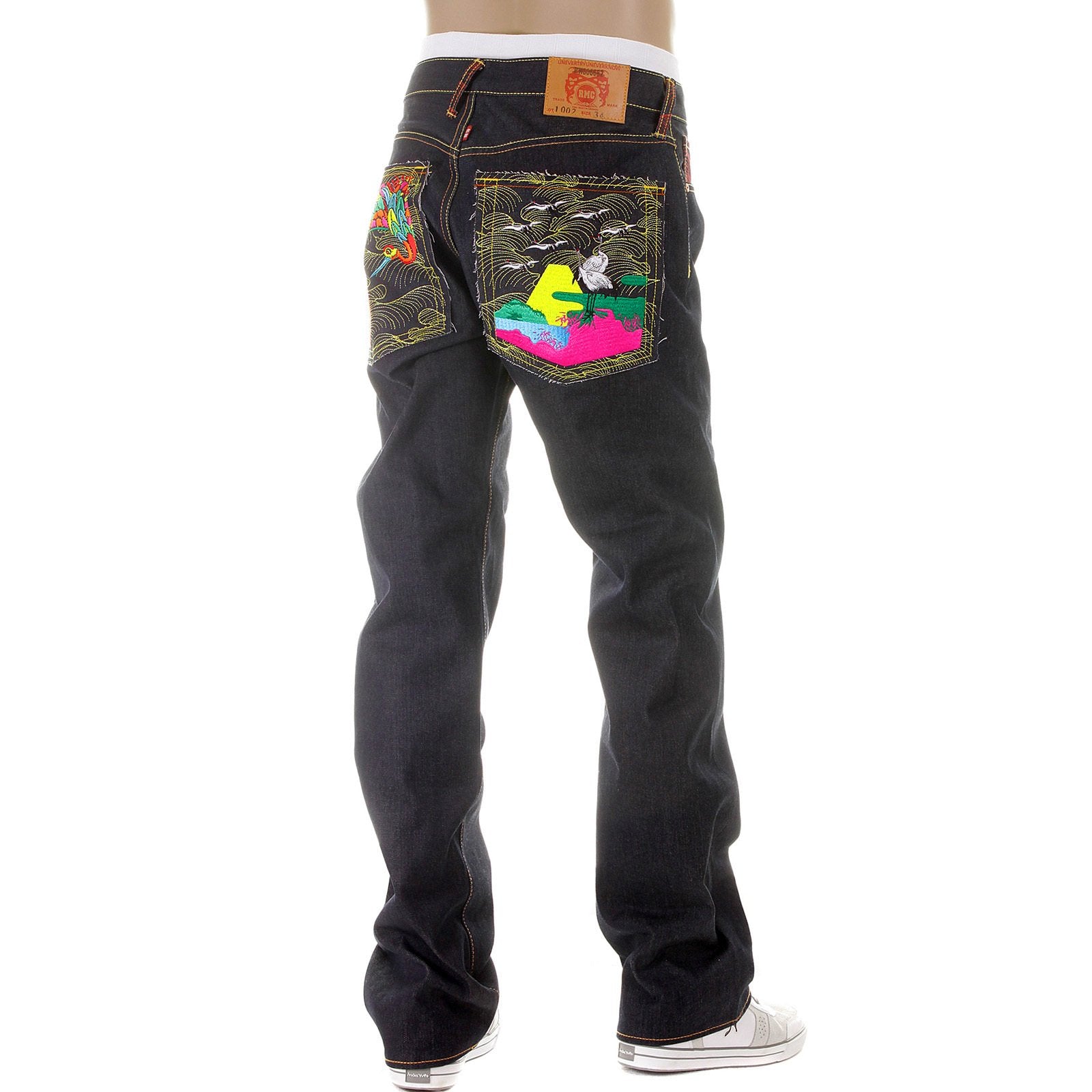RMC JEANS SUPER EXCLUSIVE VINTAGE CUT DARK INDIGO HOUSE SELVEDGE DENIM CRANE GO HOME EMBROIDERED JEANS REDM2898