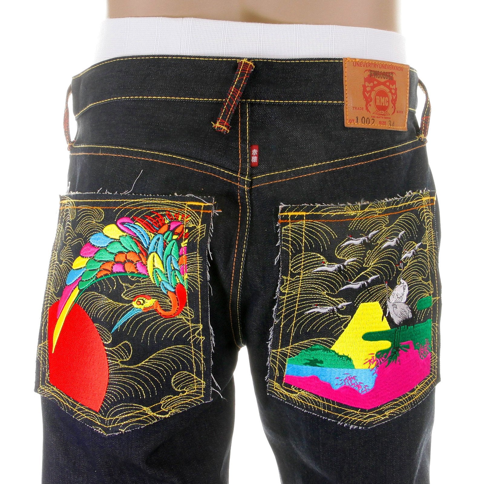 RMC JEANS SUPER EXCLUSIVE VINTAGE CUT DARK INDIGO HOUSE SELVEDGE DENIM CRANE GO HOME EMBROIDERED JEANS REDM2898