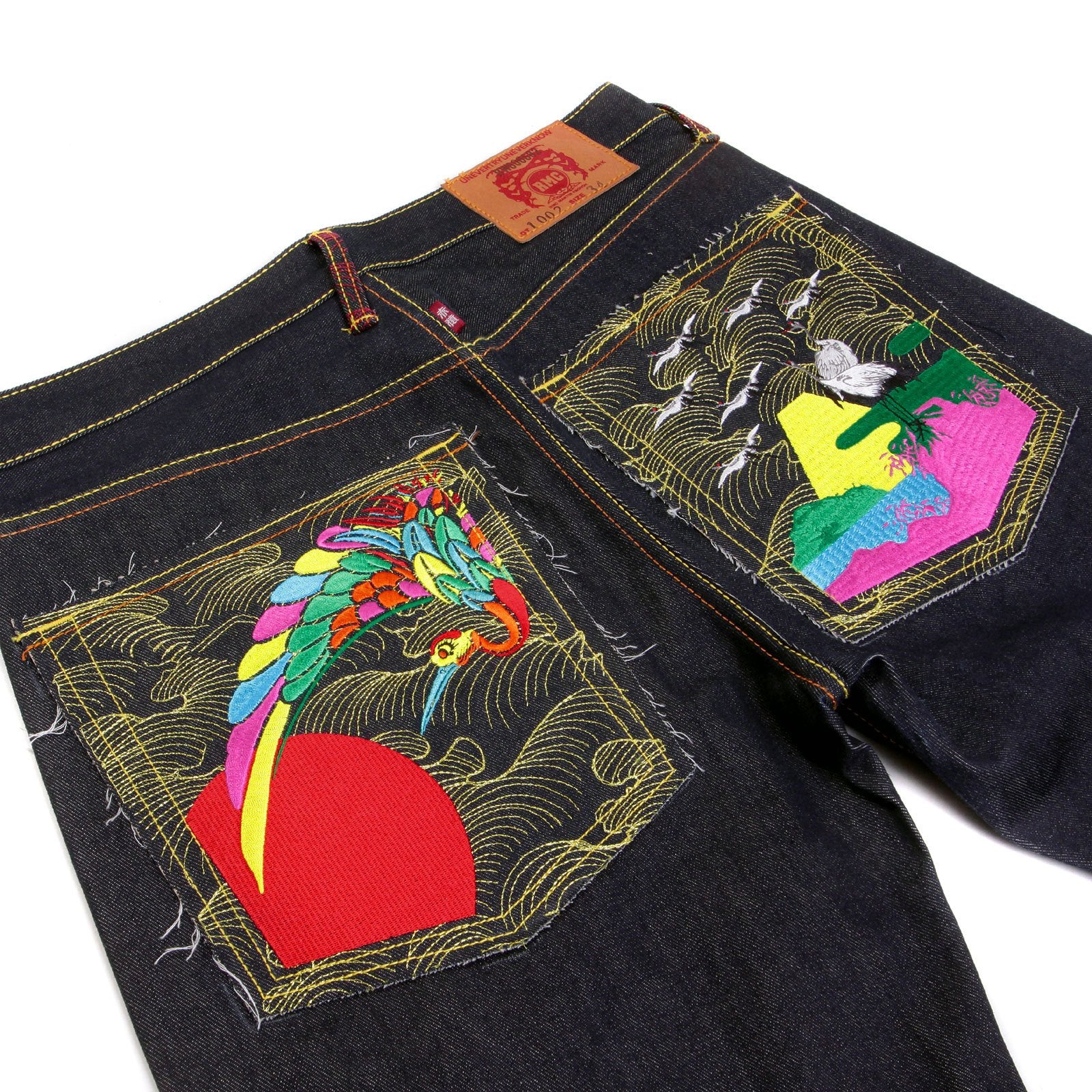 RMC JEANS SUPER EXCLUSIVE VINTAGE CUT DARK INDIGO HOUSE SELVEDGE DENIM CRANE GO HOME EMBROIDERED JEANS REDM2898