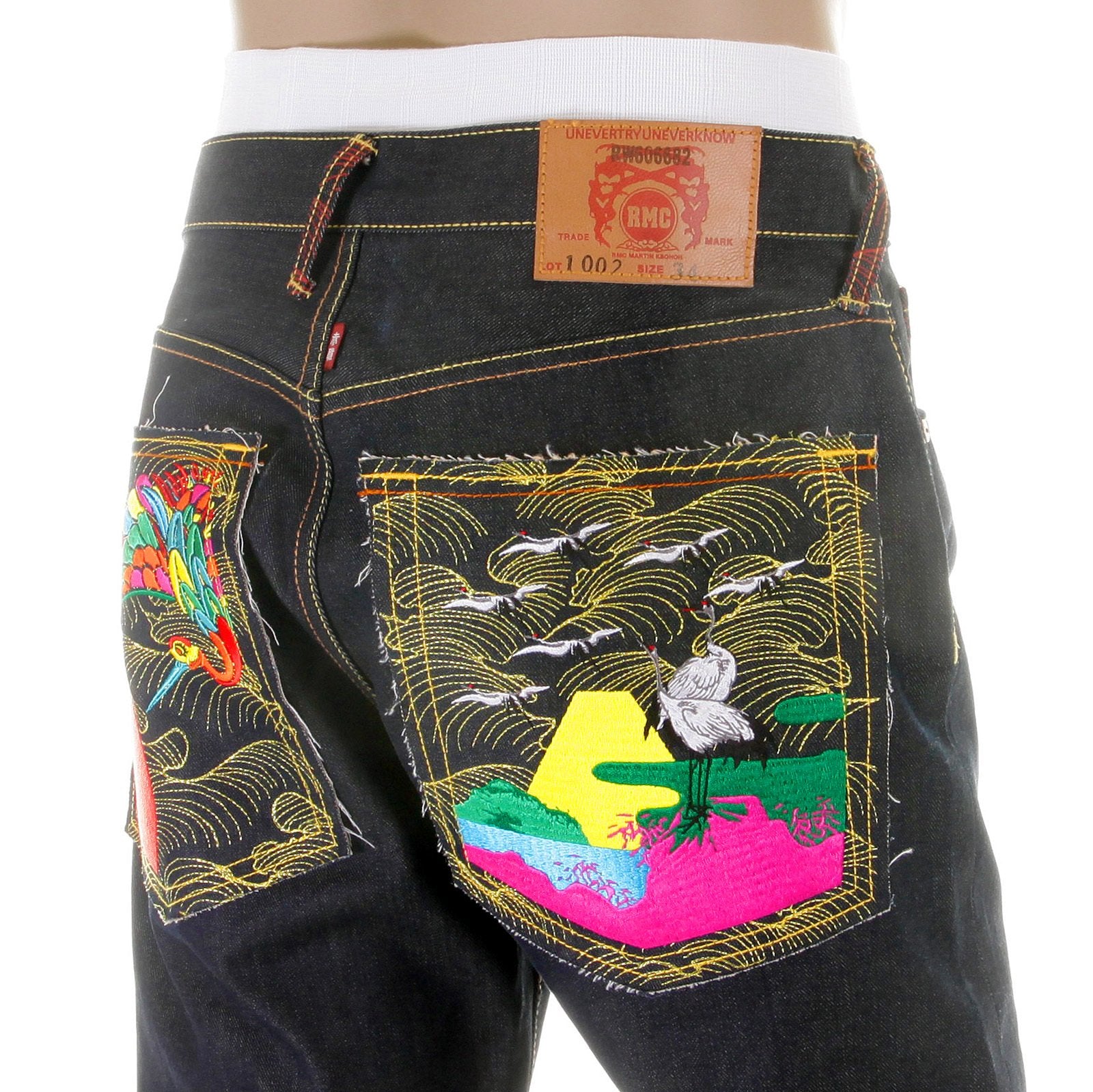 RMC JEANS SUPER EXCLUSIVE VINTAGE CUT DARK INDIGO HOUSE SELVEDGE DENIM CRANE GO HOME EMBROIDERED JEANS REDM2898