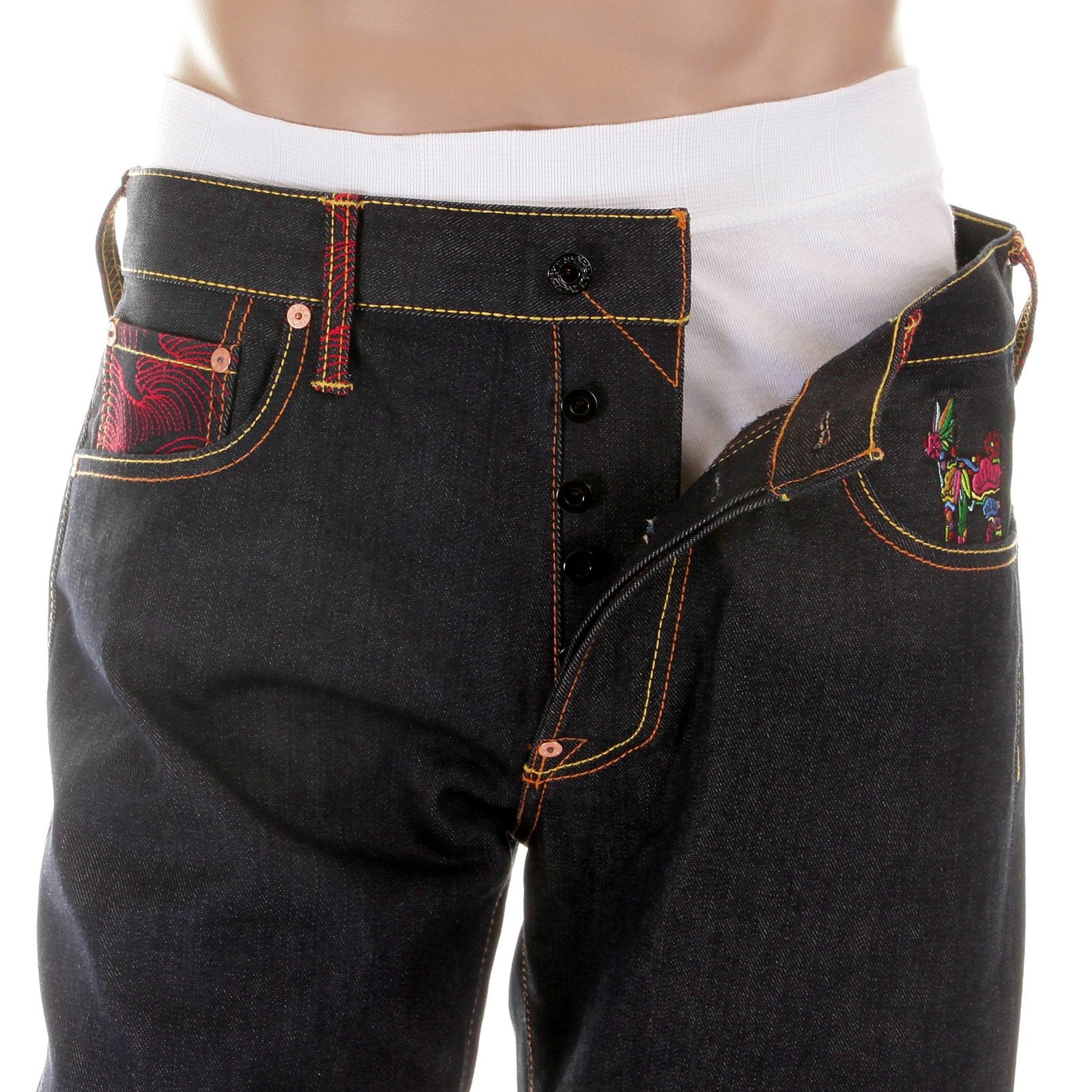 RMC JEANS SUPER EXCLUSIVE VINTAGE CUT DARK INDIGO HOUSE SELVEDGE DENIM CRANE GO HOME EMBROIDERED JEANS REDM2898