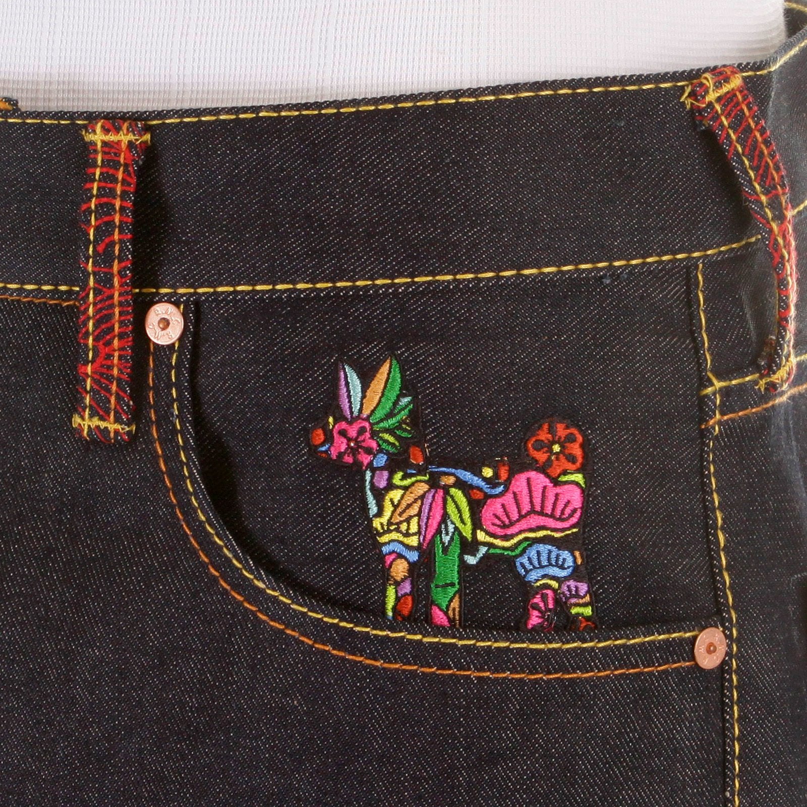 RMC JEANS SUPER EXCLUSIVE VINTAGE CUT DARK INDIGO HOUSE SELVEDGE DENIM CRANE GO HOME EMBROIDERED JEANS REDM2898