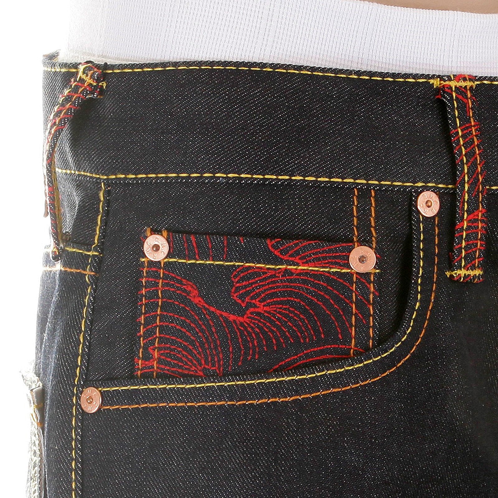 RMC JEANS SUPER EXCLUSIVE VINTAGE CUT DARK INDIGO HOUSE SELVEDGE DENIM CRANE GO HOME EMBROIDERED JEANS REDM2898