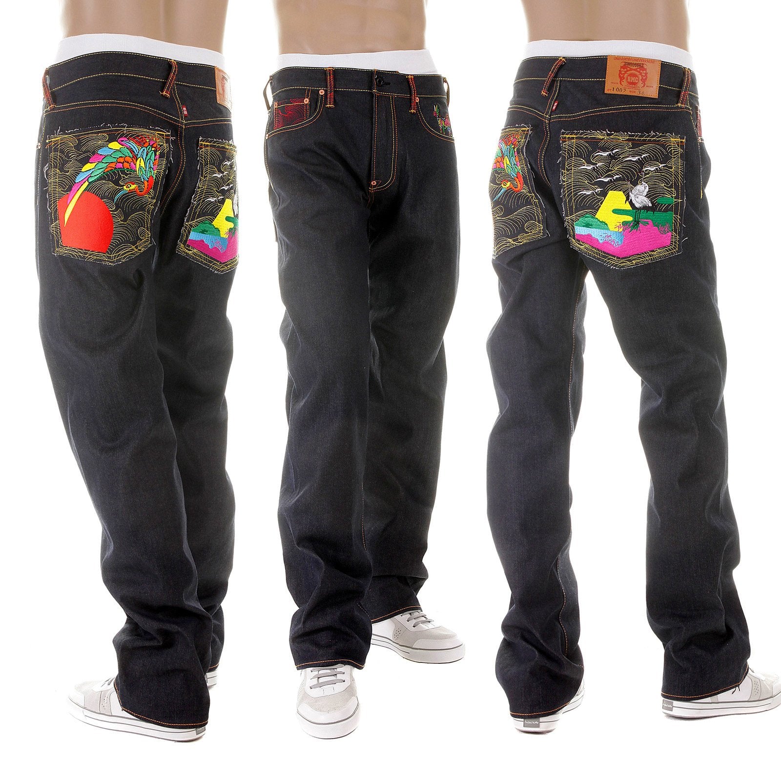 RMC JEANS SUPER EXCLUSIVE VINTAGE CUT DARK INDIGO HOUSE SELVEDGE DENIM CRANE GO HOME EMBROIDERED JEANS REDM2898