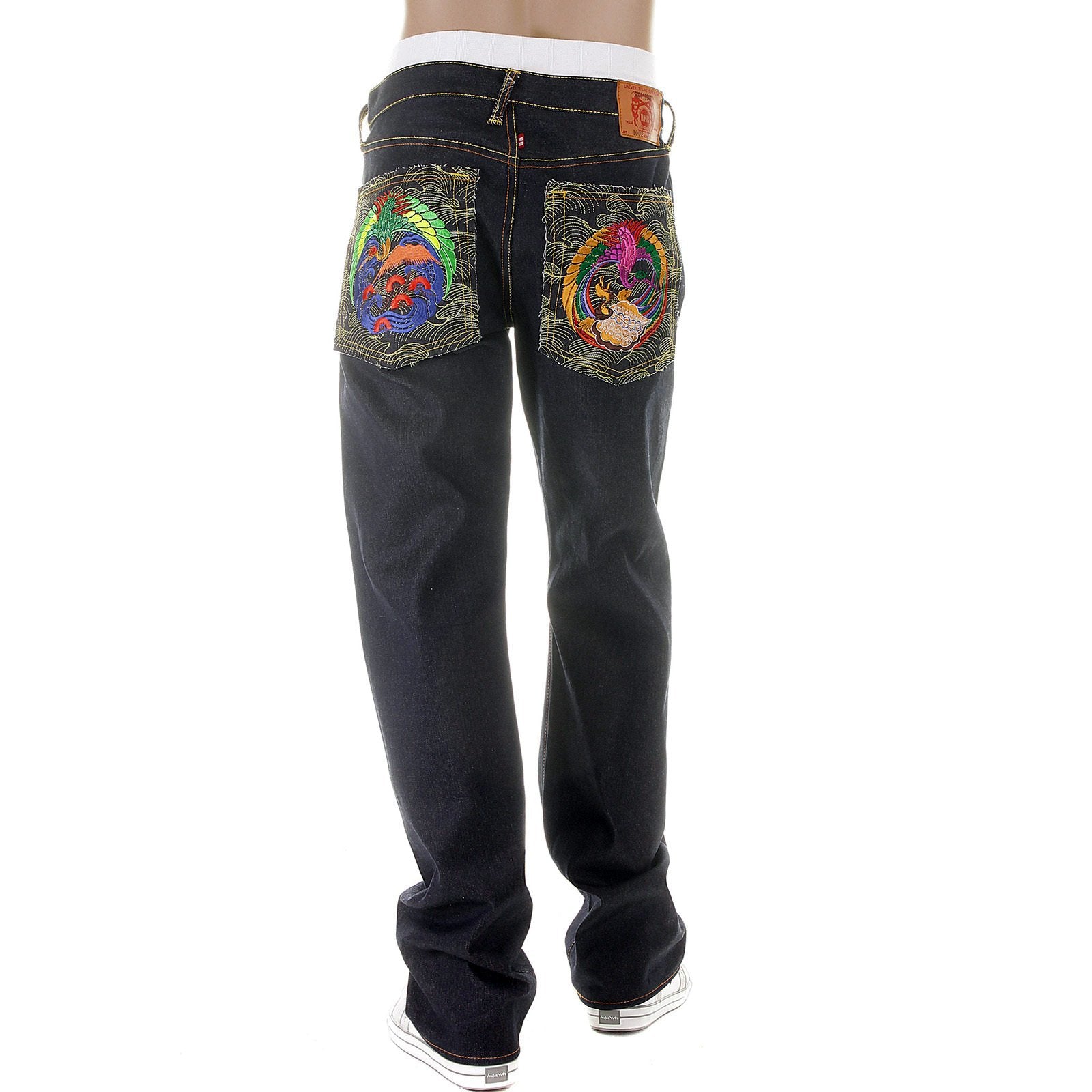 RMC MARTIN KSOHOH MENS DARK INDIGO SUPER EXCLUSIVE VINTAGE CUT RAW SELVEDGE JEANS WITH CRANE EMBROIDERY REDM2889