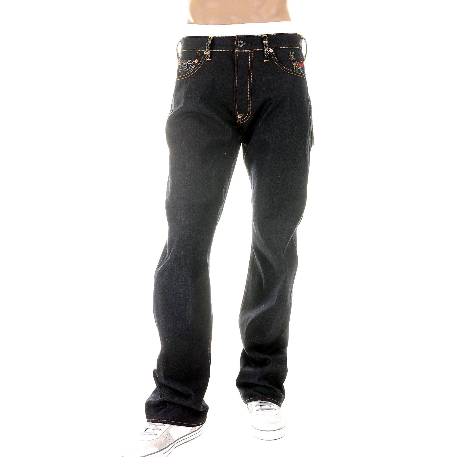 RMC MARTIN KSOHOH MENS DARK INDIGO SUPER EXCLUSIVE VINTAGE CUT RAW SELVEDGE JEANS WITH CRANE EMBROIDERY REDM2889