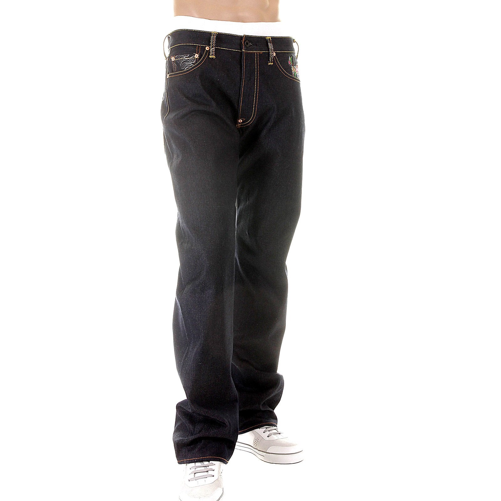 RMC MARTIN KSOHOH MENS DARK INDIGO SUPER EXCLUSIVE VINTAGE CUT RAW SELVEDGE JEANS WITH CRANE EMBROIDERY REDM2889