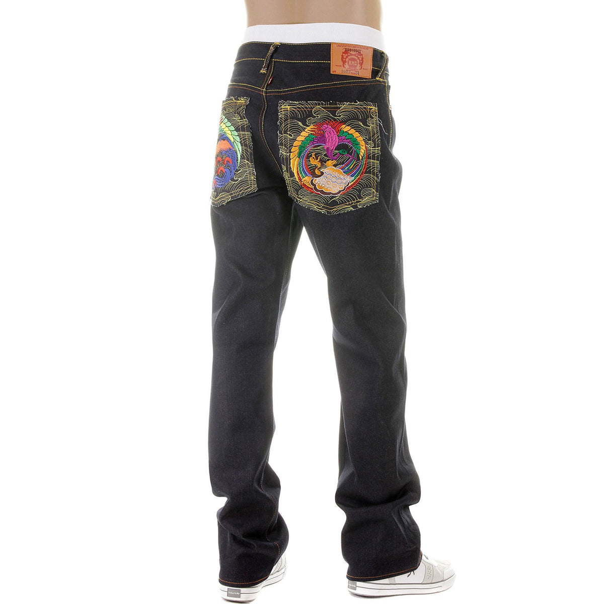 RMC MARTIN KSOHOH MENS DARK INDIGO SUPER EXCLUSIVE VINTAGE CUT RAW SELVEDGE JEANS WITH CRANE EMBROIDERY REDM2889