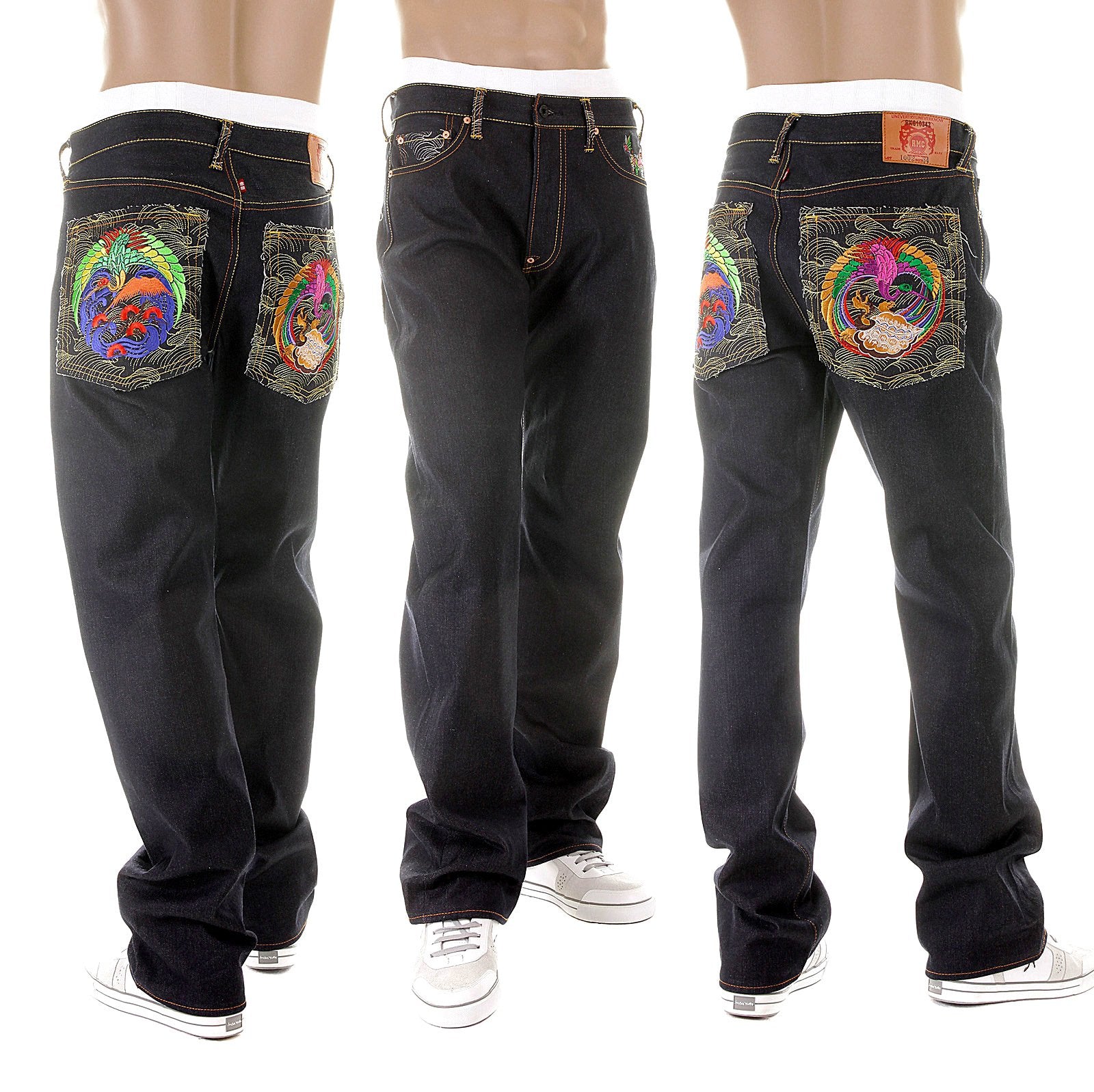 RMC MARTIN KSOHOH MENS DARK INDIGO SUPER EXCLUSIVE VINTAGE CUT RAW SELVEDGE JEANS WITH CRANE EMBROIDERY REDM2889