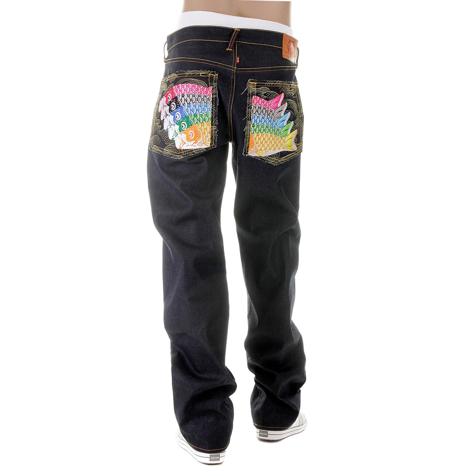 RMC MARTIN KSOHOH MENS DARK INDIGO VINTAGE CUT RAW SELVEDGE JEANS WITH CARP EMBROIDERY REDM2896