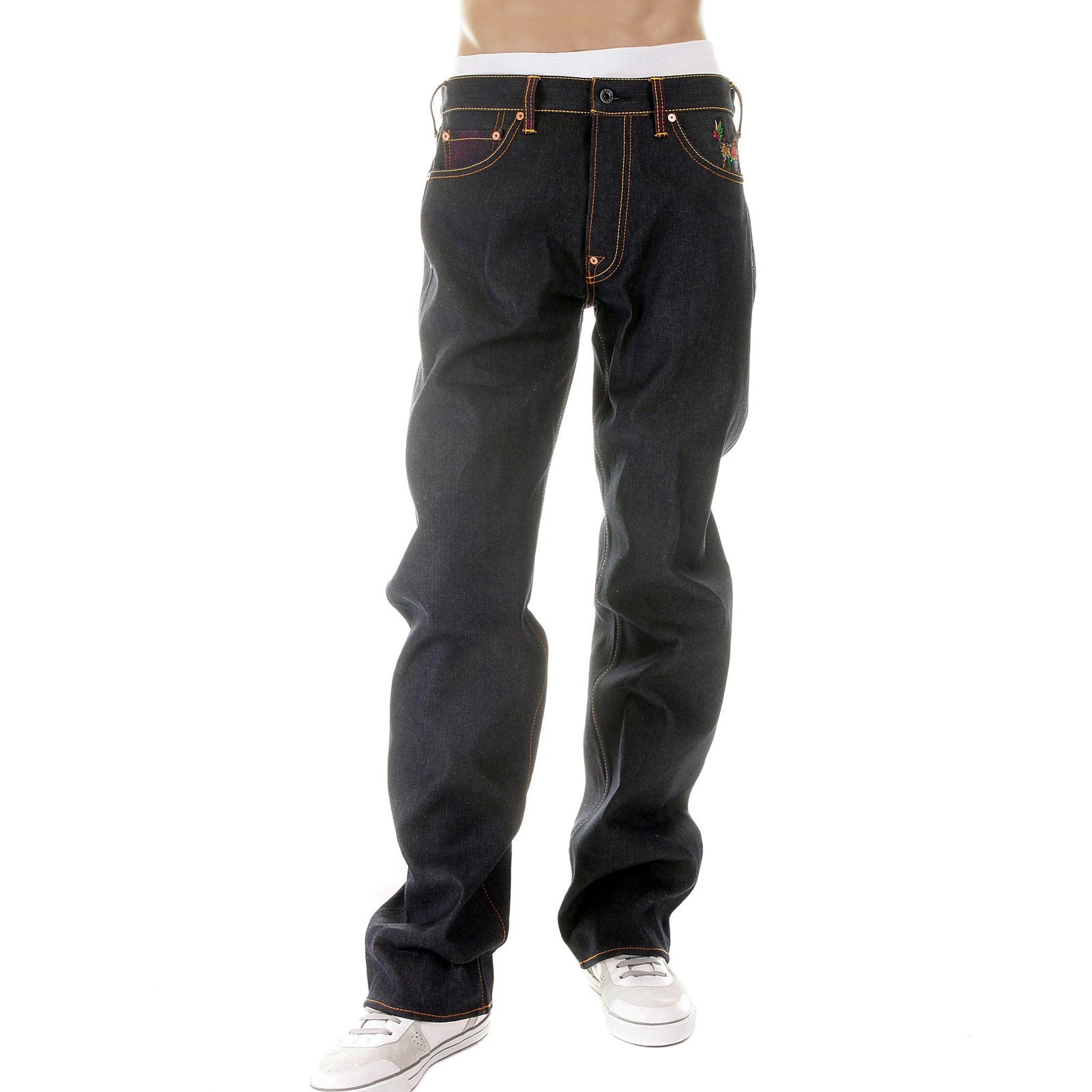 RMC MARTIN KSOHOH MENS DARK INDIGO VINTAGE CUT RAW SELVEDGE JEANS WITH CARP EMBROIDERY REDM2896