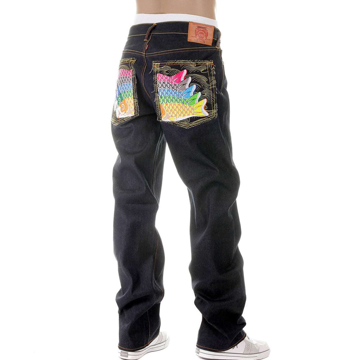 RMC MARTIN KSOHOH MENS DARK INDIGO VINTAGE CUT RAW SELVEDGE JEANS WITH CARP EMBROIDERY REDM2896