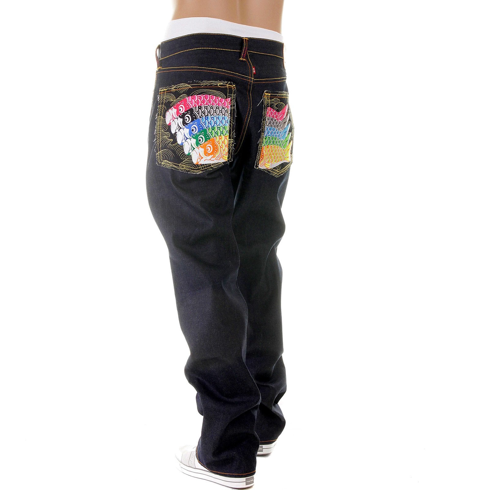 RMC MARTIN KSOHOH MENS DARK INDIGO VINTAGE CUT RAW SELVEDGE JEANS WITH CARP EMBROIDERY REDM2896
