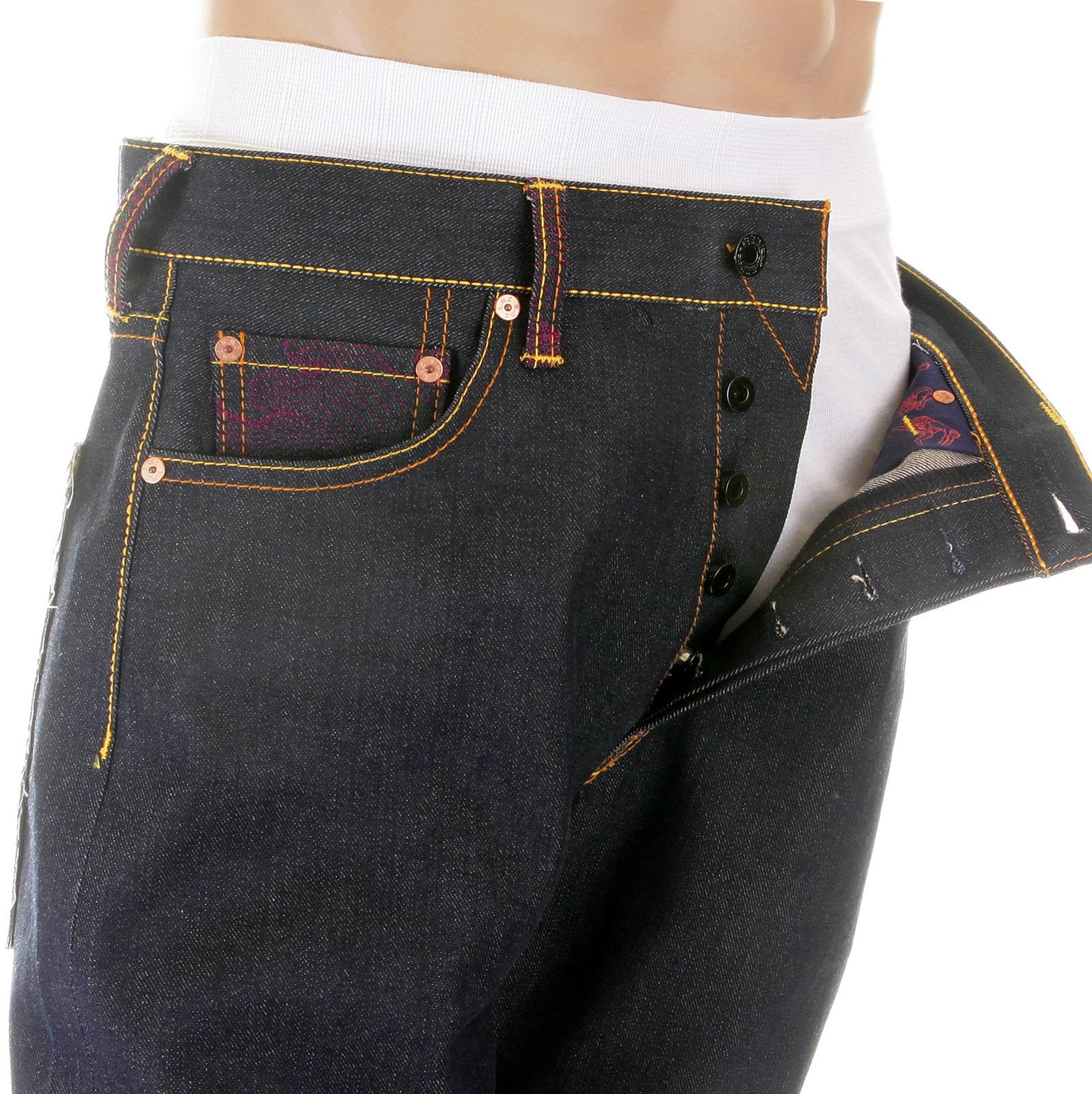 RMC MARTIN KSOHOH MENS DARK INDIGO VINTAGE CUT RAW SELVEDGE JEANS WITH CARP EMBROIDERY REDM2896