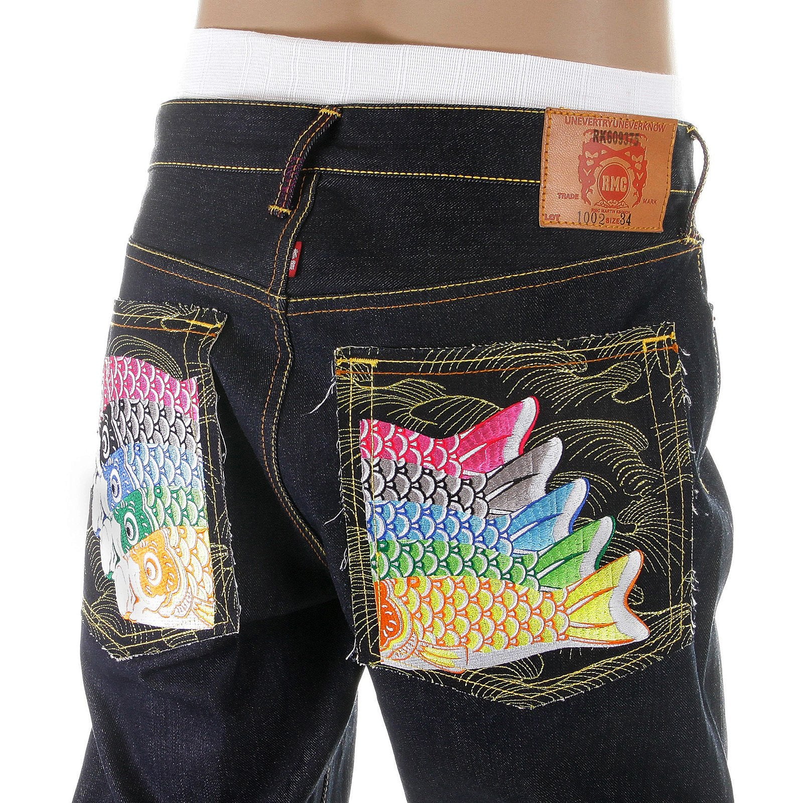RMC MARTIN KSOHOH MENS DARK INDIGO VINTAGE CUT RAW SELVEDGE JEANS WITH CARP EMBROIDERY REDM2896