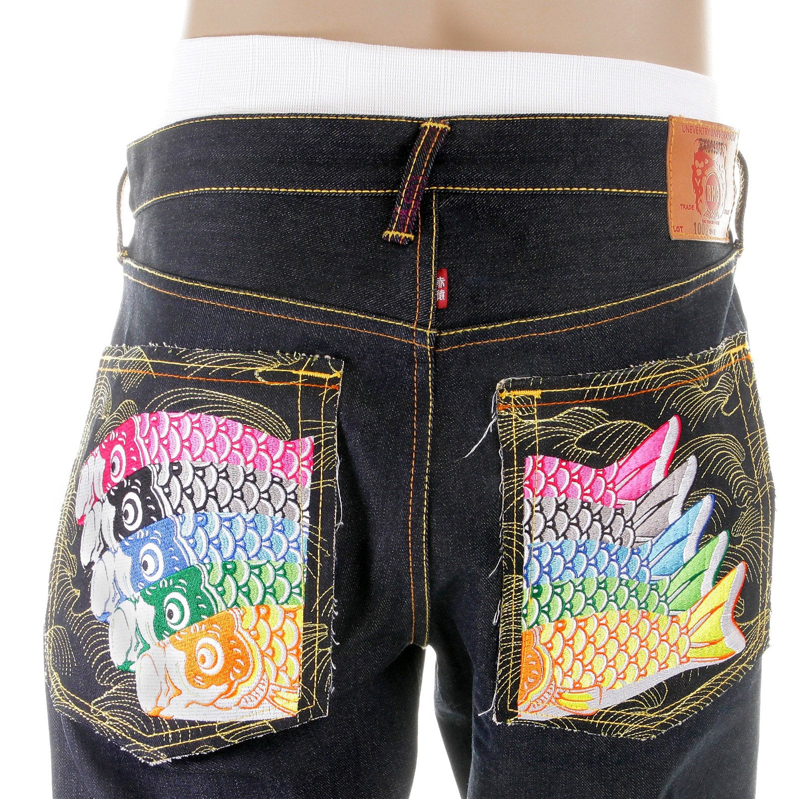 RMC MARTIN KSOHOH MENS DARK INDIGO VINTAGE CUT RAW SELVEDGE JEANS WITH CARP EMBROIDERY REDM2896