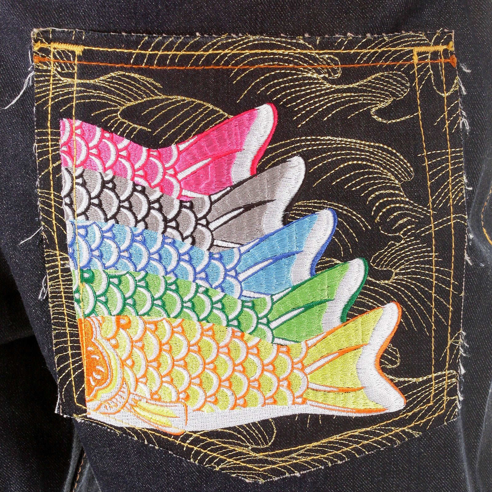 RMC MARTIN KSOHOH MENS DARK INDIGO VINTAGE CUT RAW SELVEDGE JEANS WITH CARP EMBROIDERY REDM2896