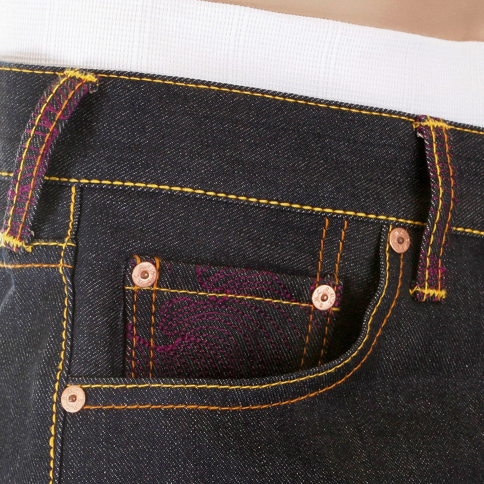 RMC MARTIN KSOHOH MENS DARK INDIGO VINTAGE CUT RAW SELVEDGE JEANS WITH CARP EMBROIDERY REDM2896
