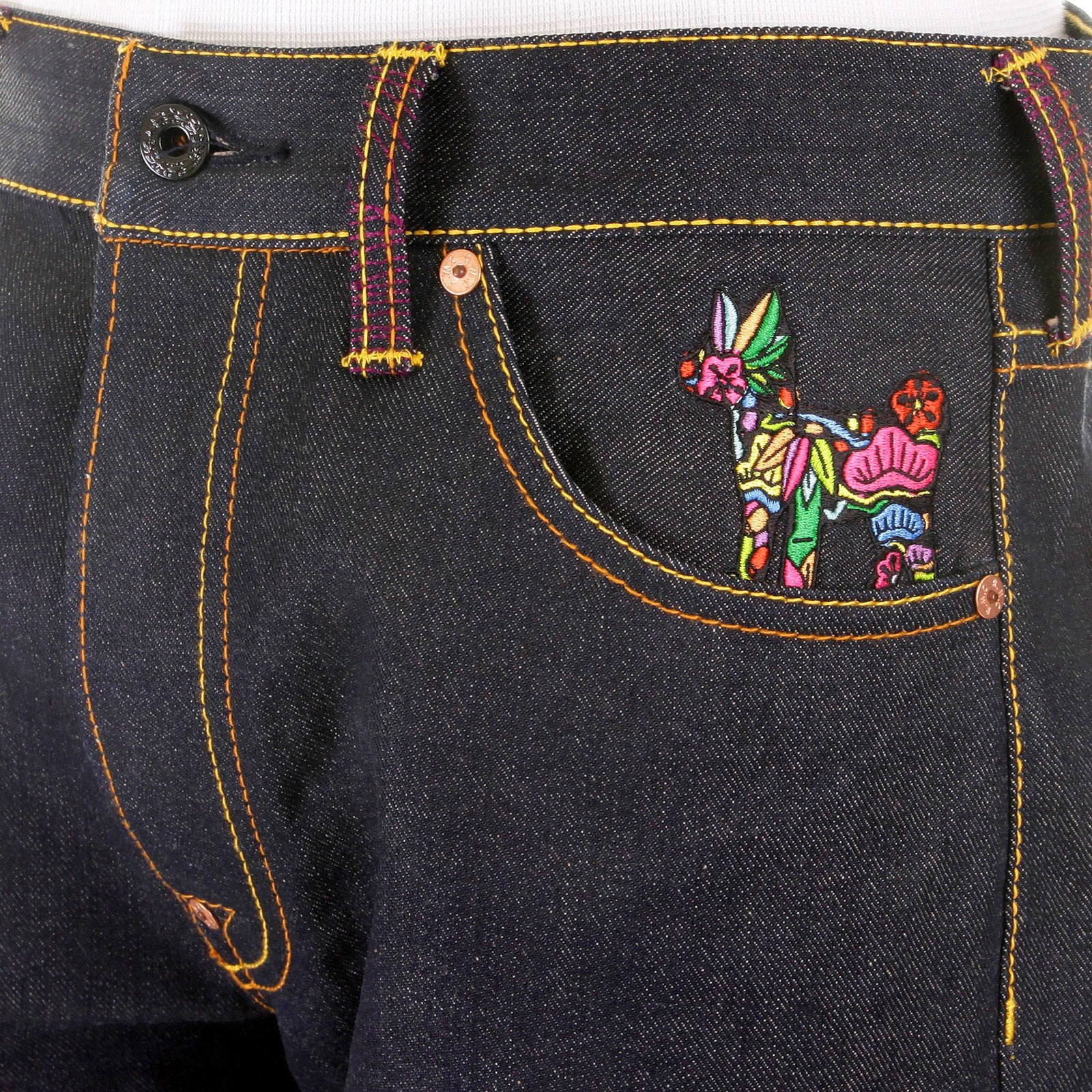 RMC MARTIN KSOHOH MENS DARK INDIGO VINTAGE CUT RAW SELVEDGE JEANS WITH CARP EMBROIDERY REDM2896