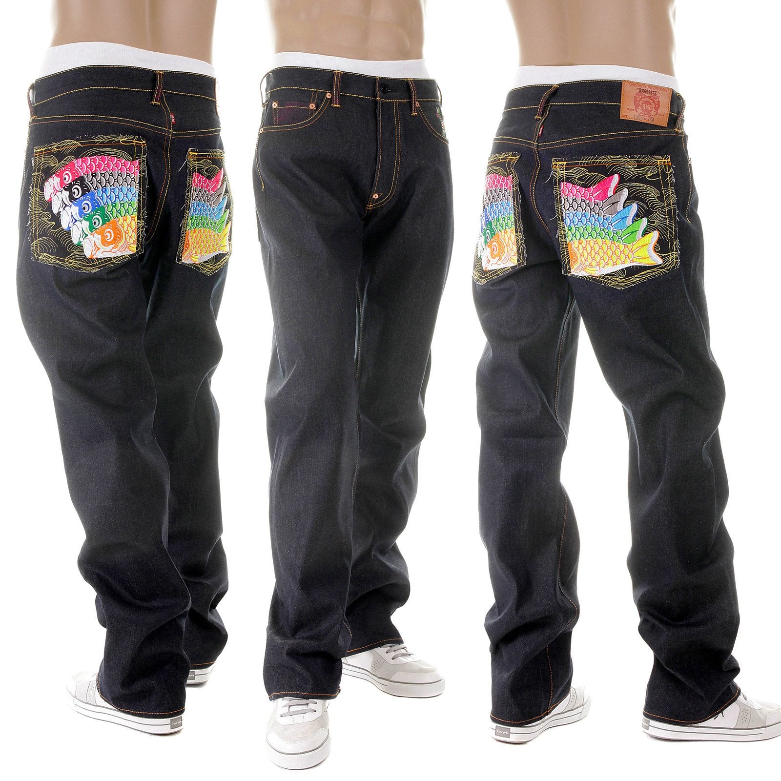 RMC MARTIN KSOHOH MENS DARK INDIGO VINTAGE CUT RAW SELVEDGE JEANS WITH CARP EMBROIDERY REDM2896