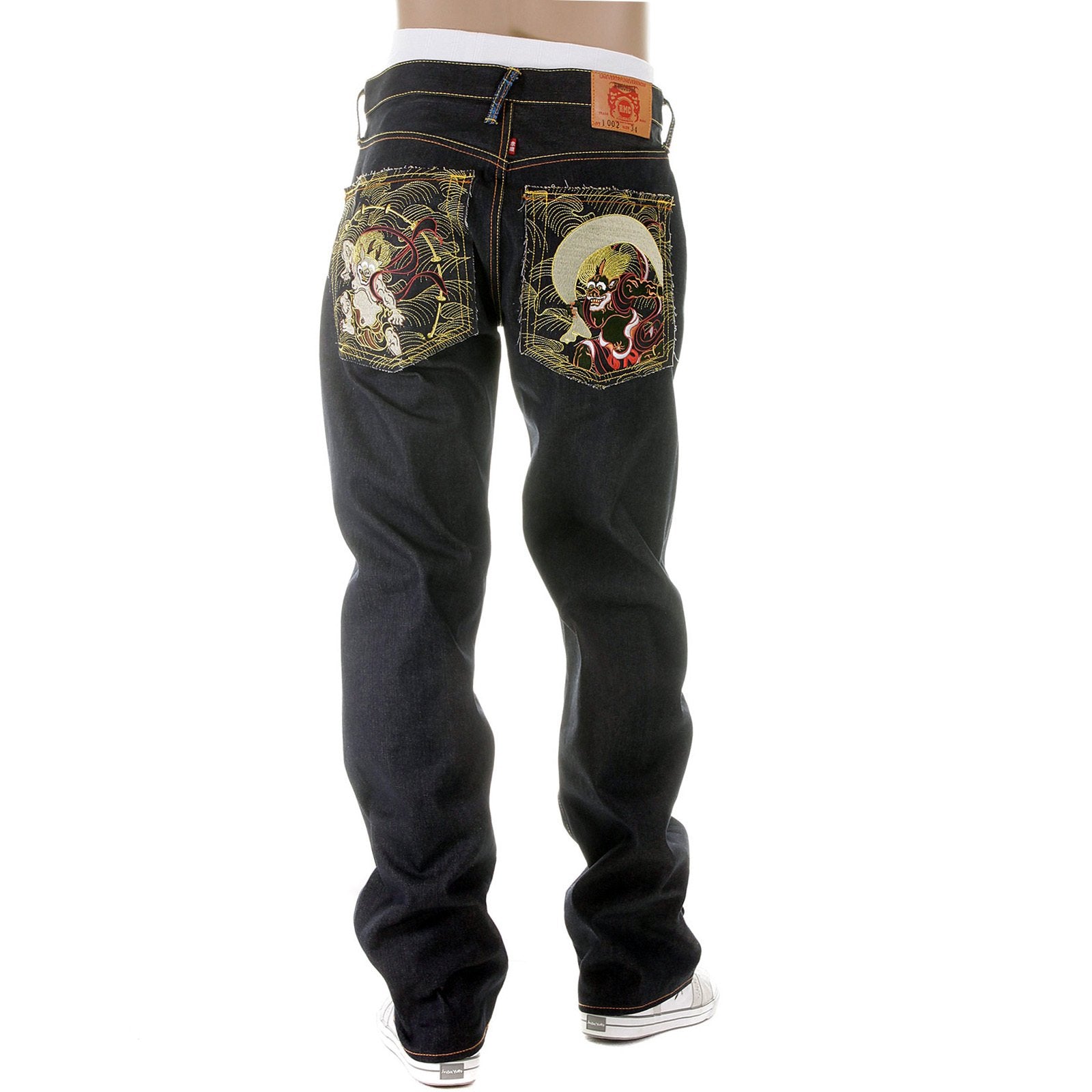RMC MARTIN KSOHOH MENS DARK INDIGO 09 VINTAGE CUT RAW SELVEDGE JEANS WITH FUJIN AND RAIJIN EMBROIDERY REDM2899
