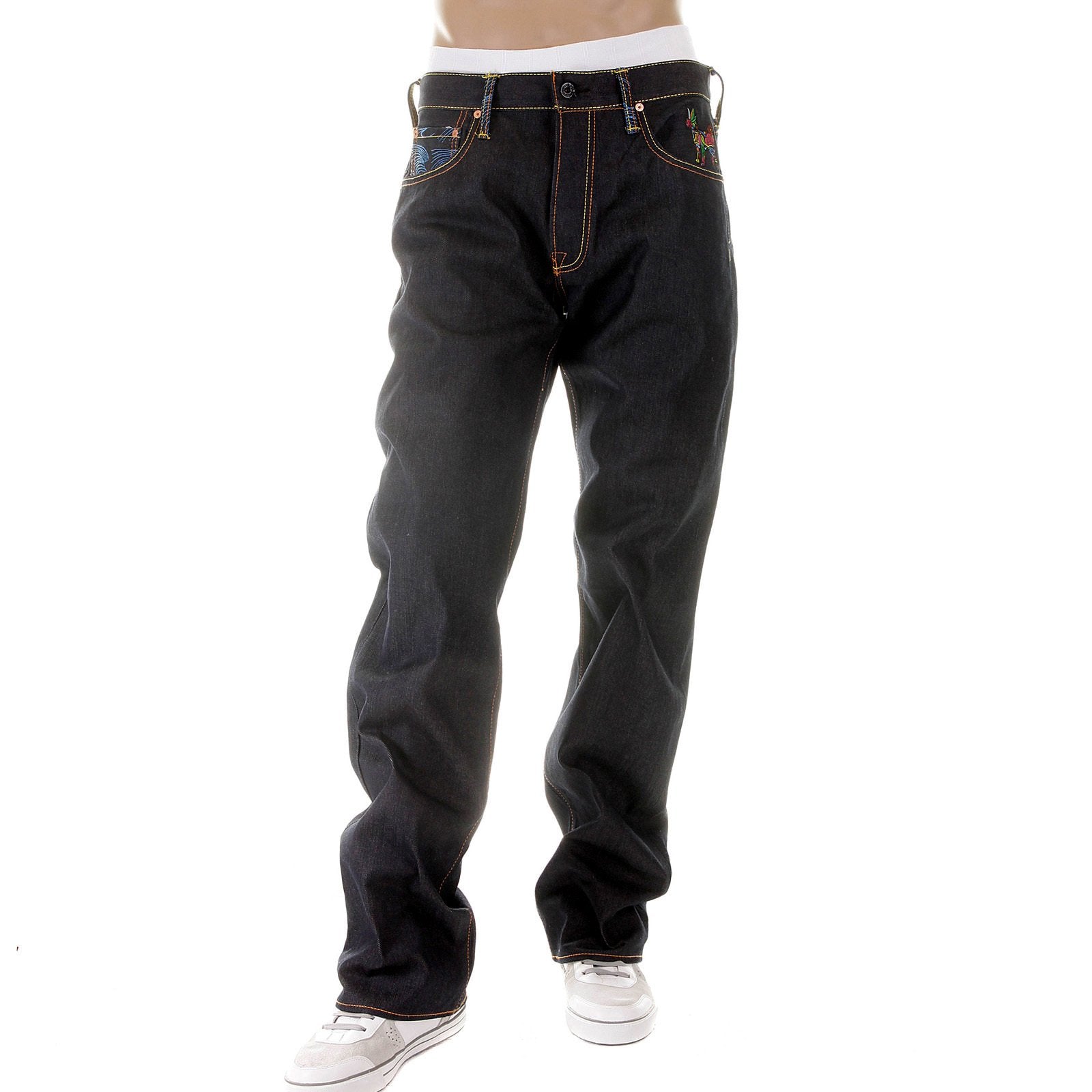 RMC MARTIN KSOHOH MENS DARK INDIGO 09 VINTAGE CUT RAW SELVEDGE JEANS WITH FUJIN AND RAIJIN EMBROIDERY REDM2899