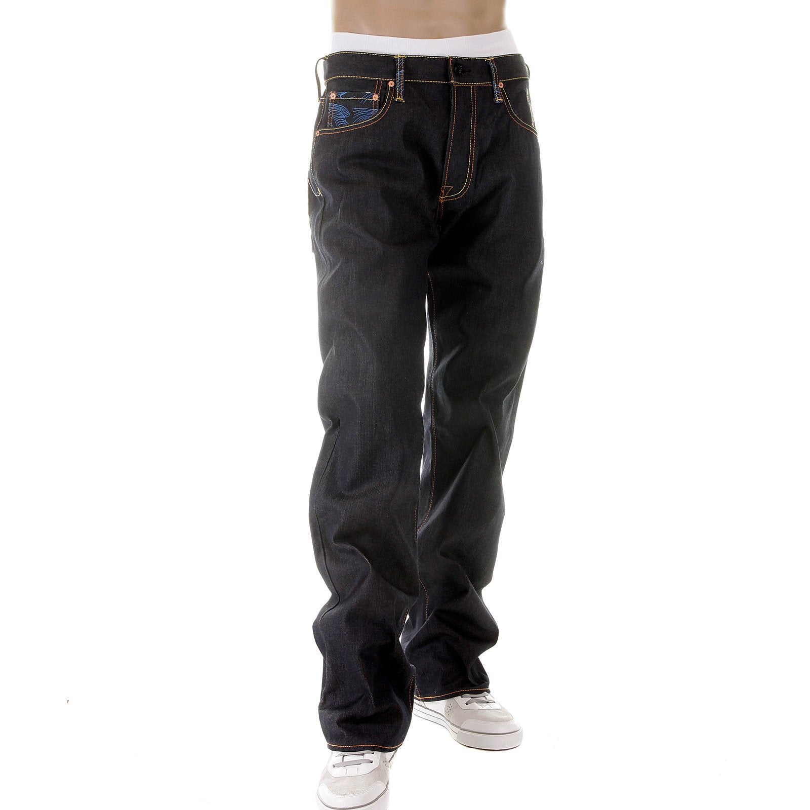 RMC MARTIN KSOHOH MENS DARK INDIGO SUPER EXCLUSIVE VINTAGE CUT RAW SELVEDGE JEANS WITH CRANE EMBROIDERY REDM2889