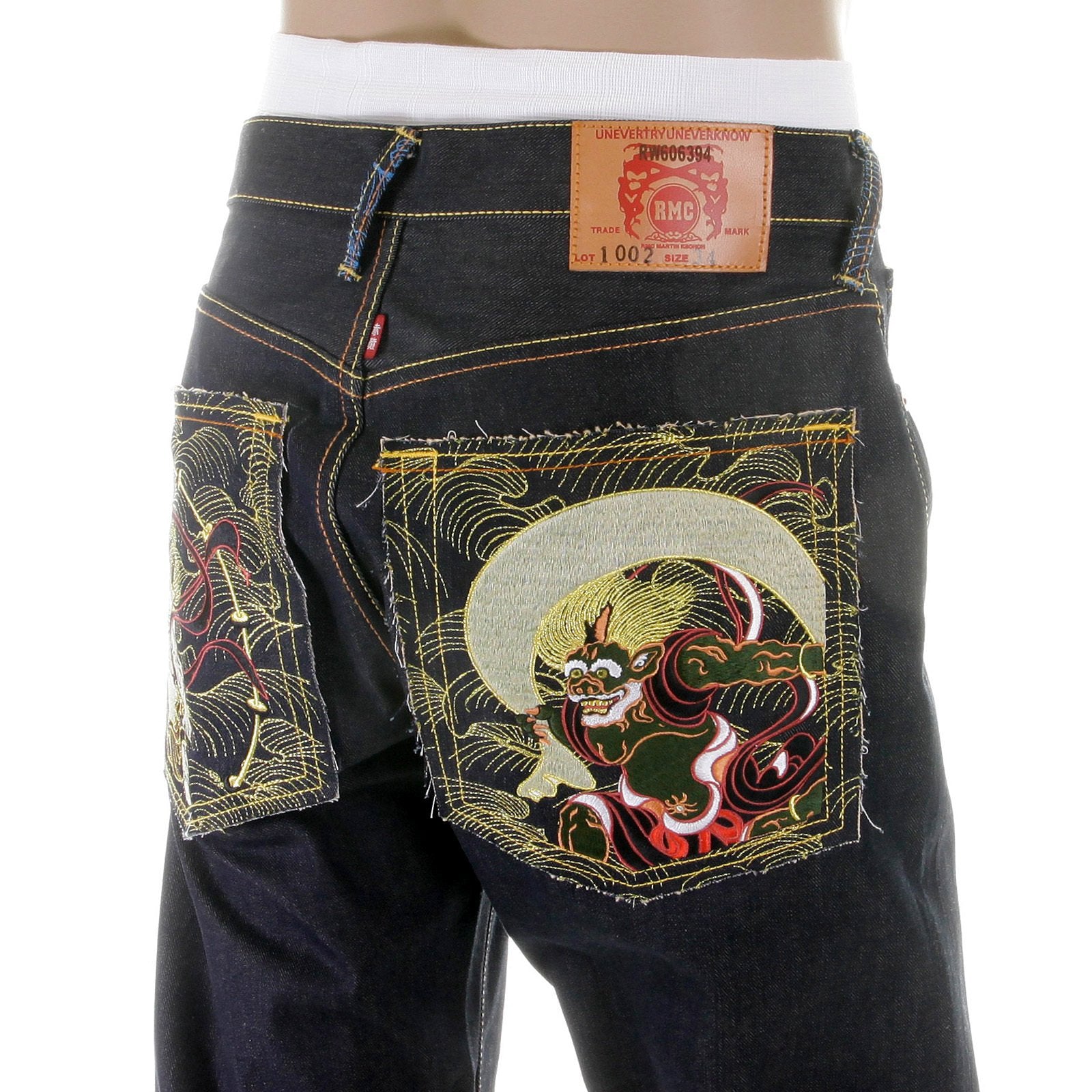 RMC MARTIN KSOHOH MENS DARK INDIGO 09 VINTAGE CUT RAW SELVEDGE JEANS WITH FUJIN AND RAIJIN EMBROIDERY REDM2899