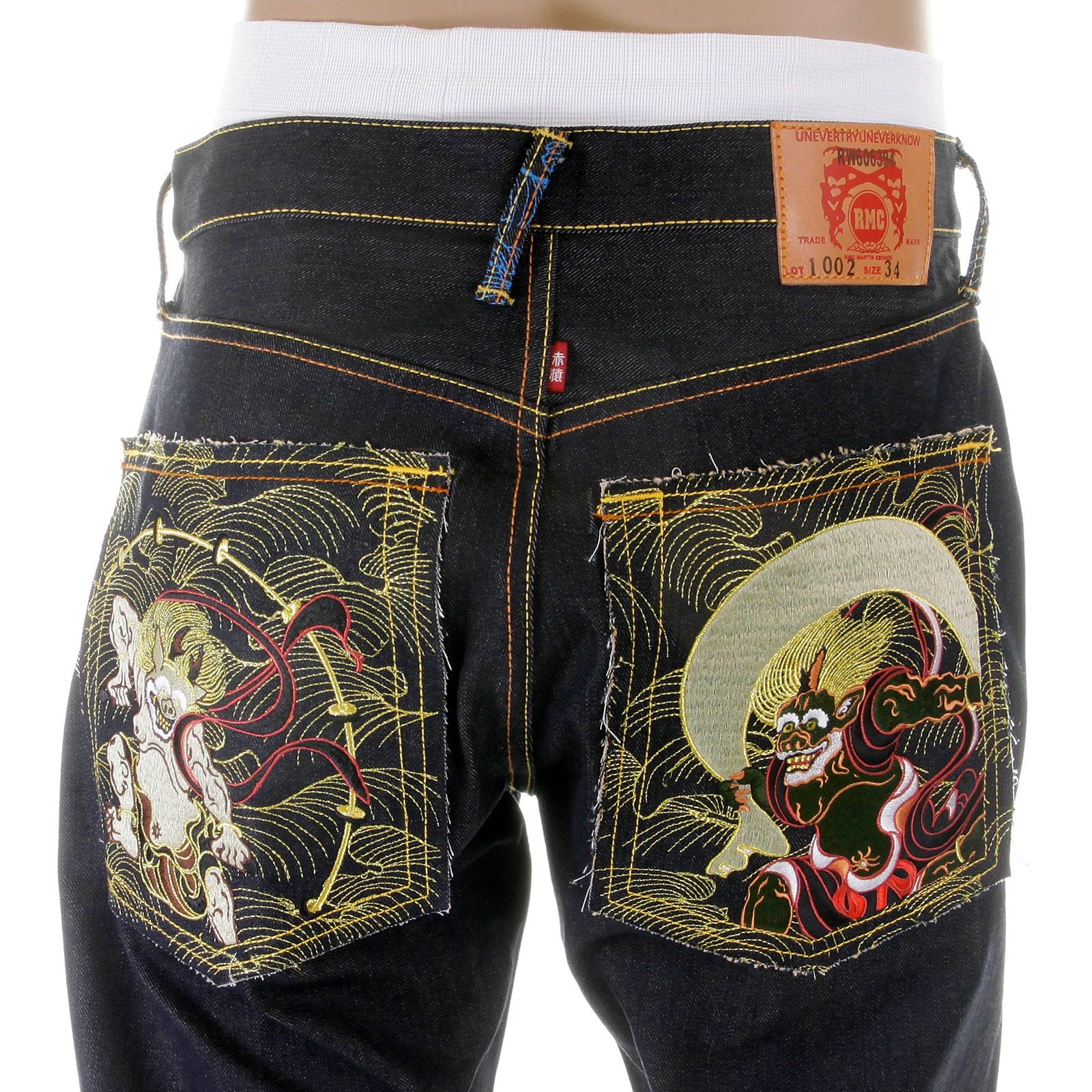 RMC MARTIN KSOHOH MENS DARK INDIGO 09 VINTAGE CUT RAW SELVEDGE JEANS WITH FUJIN AND RAIJIN EMBROIDERY REDM2899