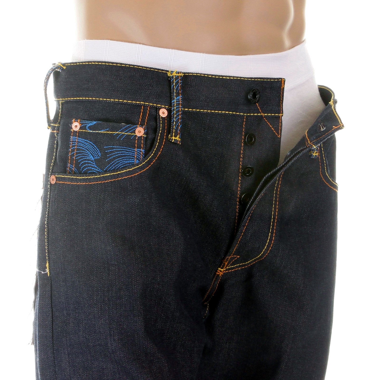 RMC MARTIN KSOHOH MENS DARK INDIGO 09 VINTAGE CUT RAW SELVEDGE JEANS WITH FUJIN AND RAIJIN EMBROIDERY REDM2899