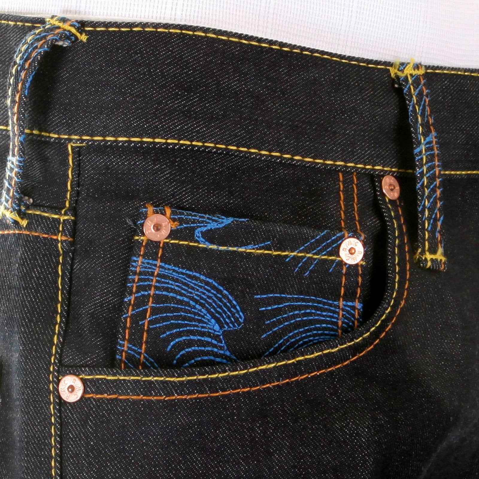 RMC MARTIN KSOHOH MENS DARK INDIGO 09 VINTAGE CUT RAW SELVEDGE JEANS WITH FUJIN AND RAIJIN EMBROIDERY REDM2899