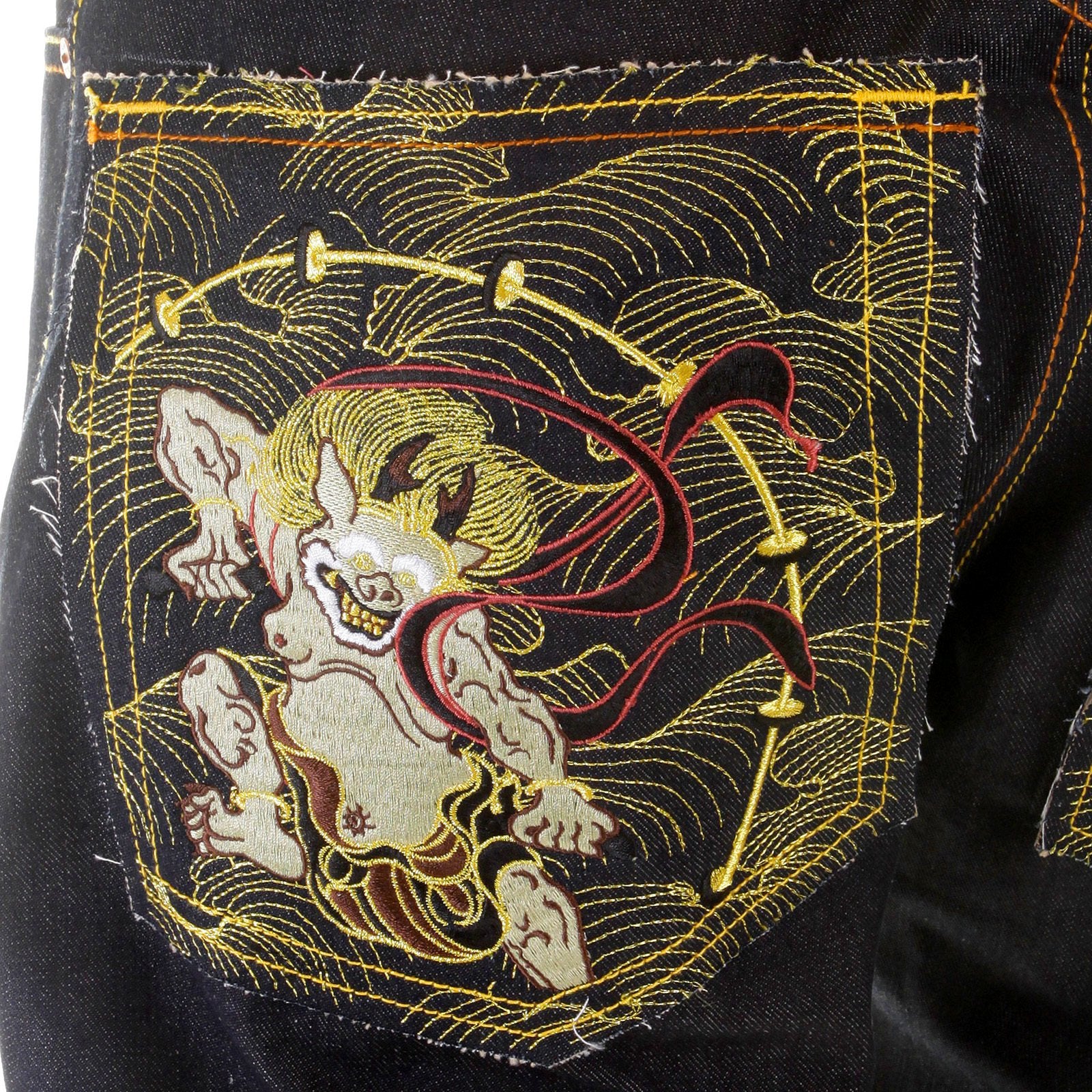 RMC MARTIN KSOHOH MENS DARK INDIGO 09 VINTAGE CUT RAW SELVEDGE JEANS WITH FUJIN AND RAIJIN EMBROIDERY REDM2899