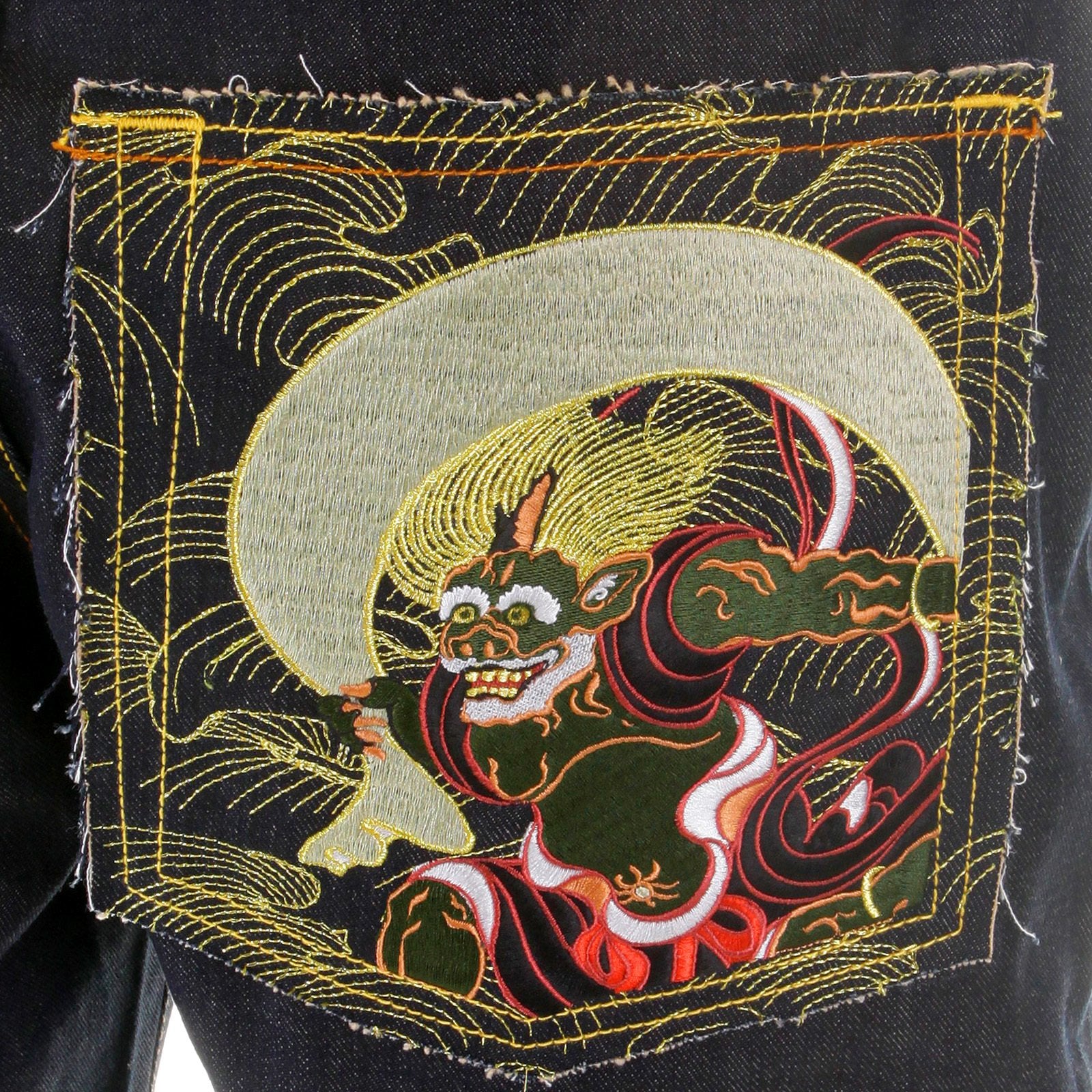 RMC MARTIN KSOHOH MENS DARK INDIGO 09 VINTAGE CUT RAW SELVEDGE JEANS WITH FUJIN AND RAIJIN EMBROIDERY REDM2899