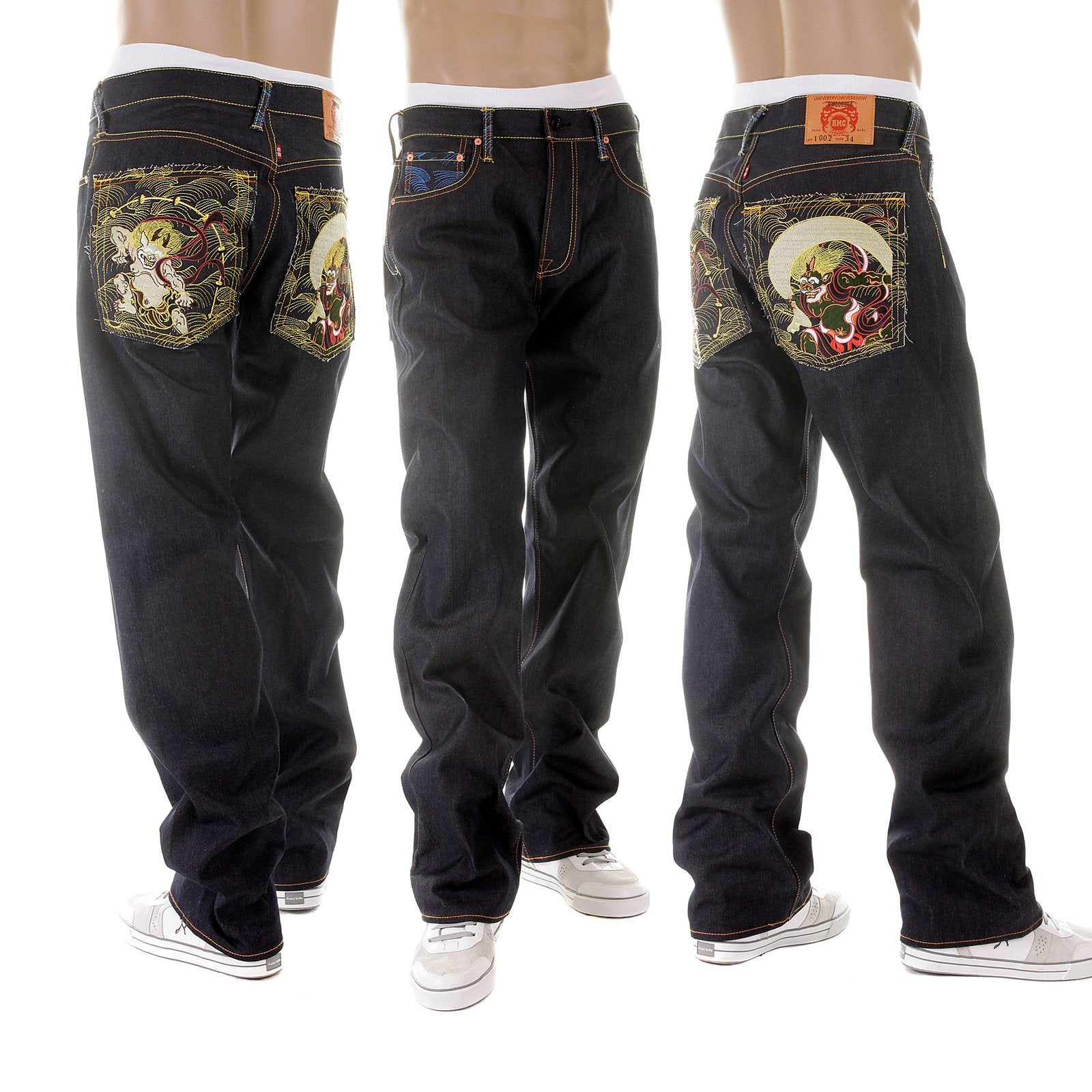 RMC MARTIN KSOHOH MENS DARK INDIGO 09 VINTAGE CUT RAW SELVEDGE JEANS WITH FUJIN AND RAIJIN EMBROIDERY REDM2899